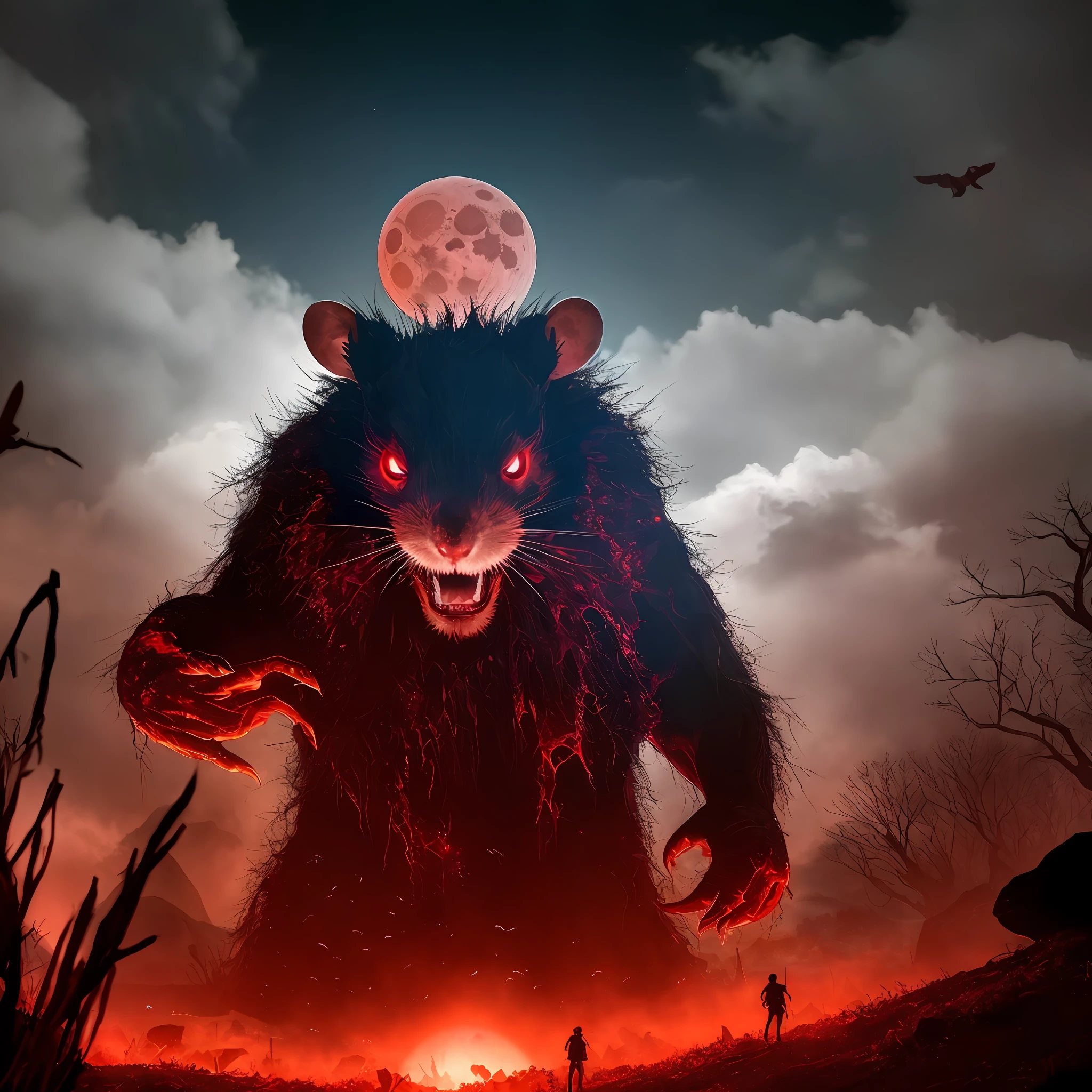 Best quality, masterpiece, monster, god, sacred, fog, big red bleeding eyes and blood moon as background, elden ring, rat
