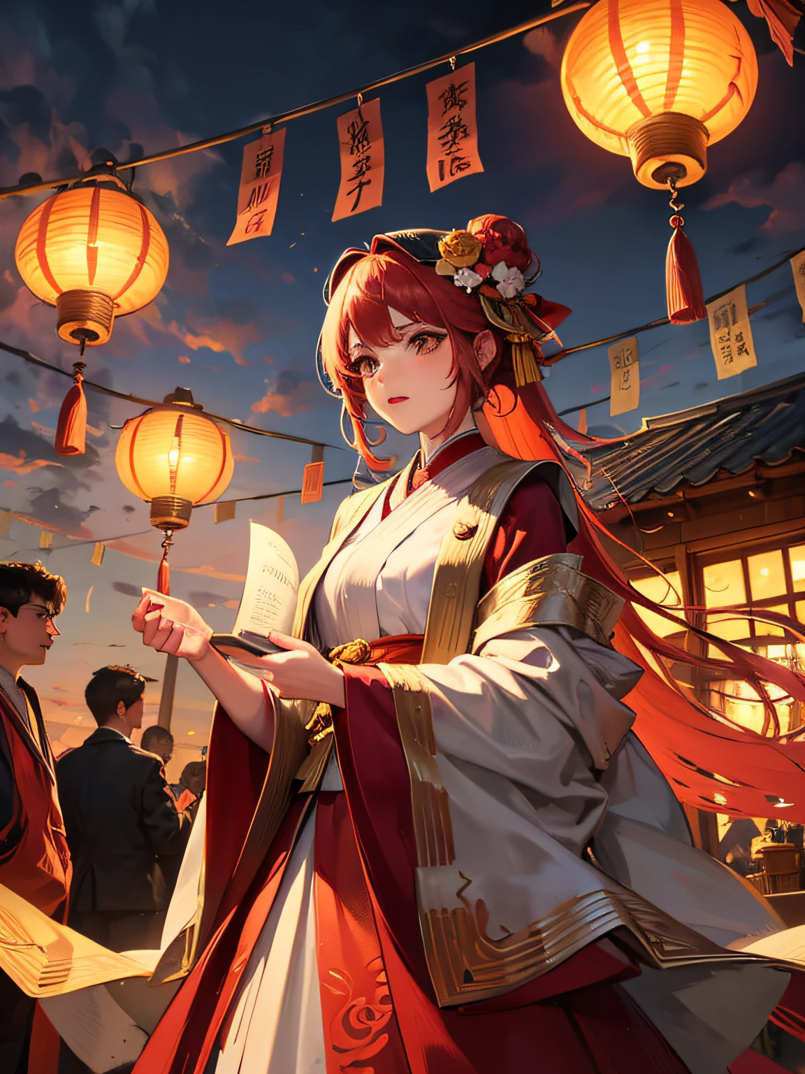 National tide girl, ancient style girl, surrounded by clouds, red elements, two-dimensional, surrounded by lanterns, --auto