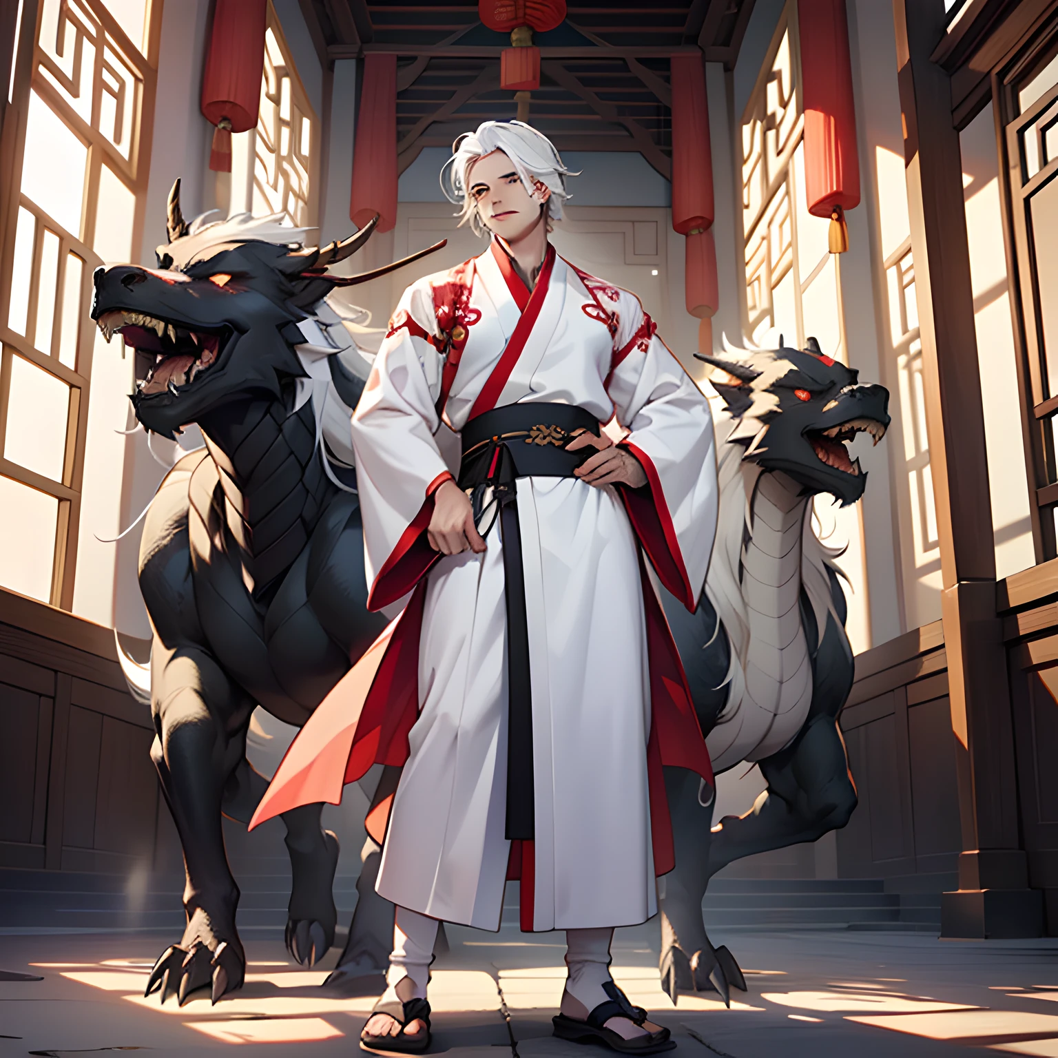 (((white hair))),(((Aboy))).((white Hanfu youth)), (((white hair)))(((White Clothes))), (((Long white hair))), kingly air, gorgeous, handsome,,,,,,,, outstanding temperamen,full body portrait,facing to camera,Armed with a sword,Behind the dragon,devil,Kill monsters, The corners of the mouth smile) ((backgroundBig breasts:Holy,resplendent,Inside a magnificent ancient Chinese palace)。)