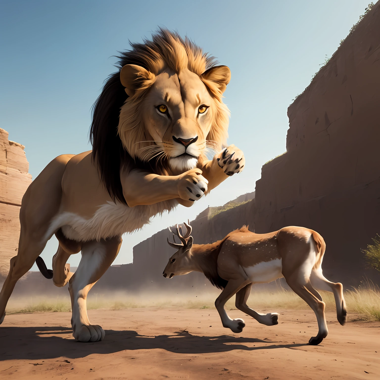 The lion jumped up and chased the deer in mid-air, and the deer looked frightened. The next lion wanted to stop, animals chased, realistic scenes, 3D rendering and matte painting, realistic photography ancient art, VFX action lens, realistic CGI, animal running, amazing CGI, realistic ancient art, photo-level, 3D matte painting, surreal. --auto