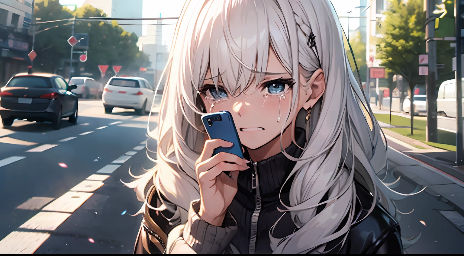 Masterpiece, best quality, a woman with long white hair, looking at a mobile phone, expression crying, tears, on the road