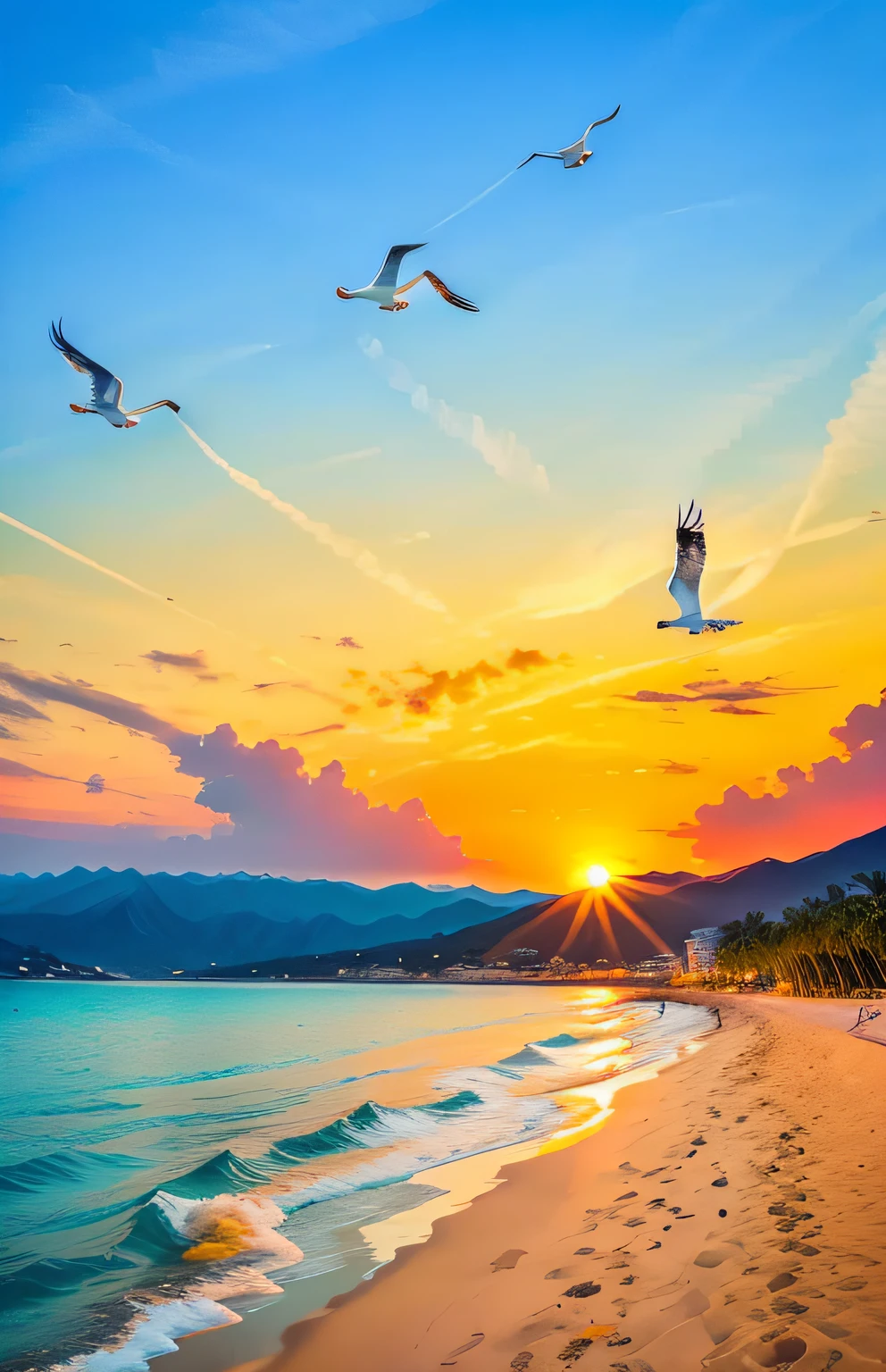 Sea views, absolutely mesmerizing sunsets over the mountains, a mix of orange, pink and yellow fills the sky. Clear waters gently kiss the mountains, and white sand stretches endlessly. The scene is vibrant and breathtaking, with seagulls soaring high in the sky and palm trees gently swaying. Enjoy the calm atmosphere and let tranquility envelop you.