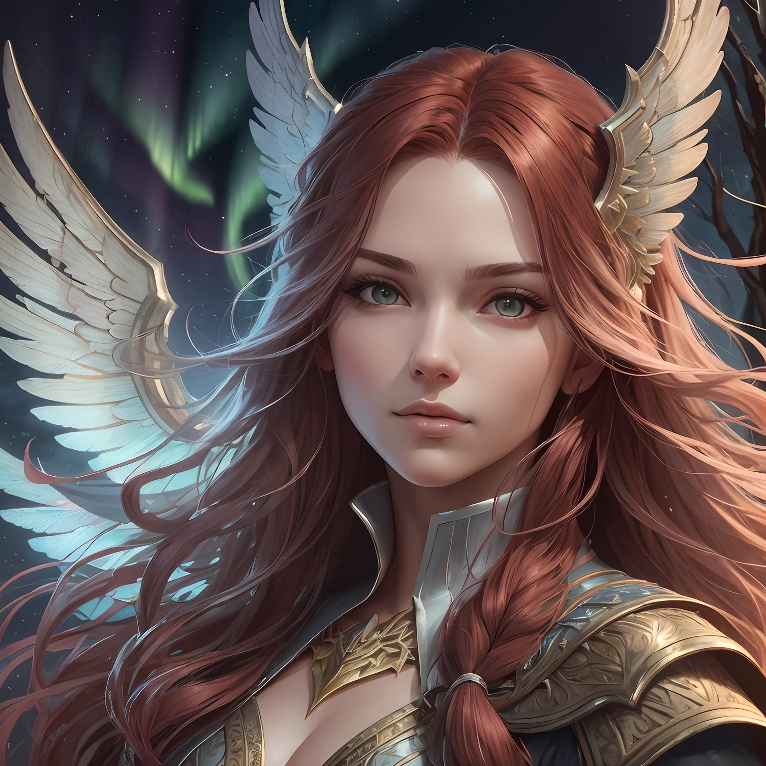 (atmosphere with light and a tree behind)+ 8k aurora portrait, girl with super long hair, super long very light red hair, in battle clothes, with giant silver wings on the back, intricate, highly detailed, digital painting, smooth, sharp focus, illustration, unreal engine 5, 8 k, art by Artgerm and Greg Rutkowski and Alphonse Mucha
