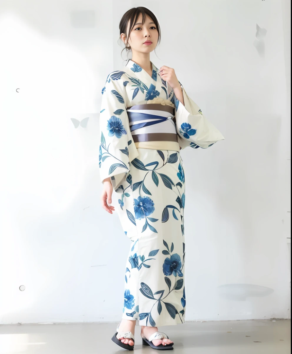 Japan idol woman in blue and white kimono standing in front of white wall, yukata, elegant yukata, kimono, kimono, kimono, Japan kimono, classic kimono, Japan clothes, Japanese style, kimono, light colored kimono, wearing royal kimono, wearing kimono, hakama kimono, Japan style, white background