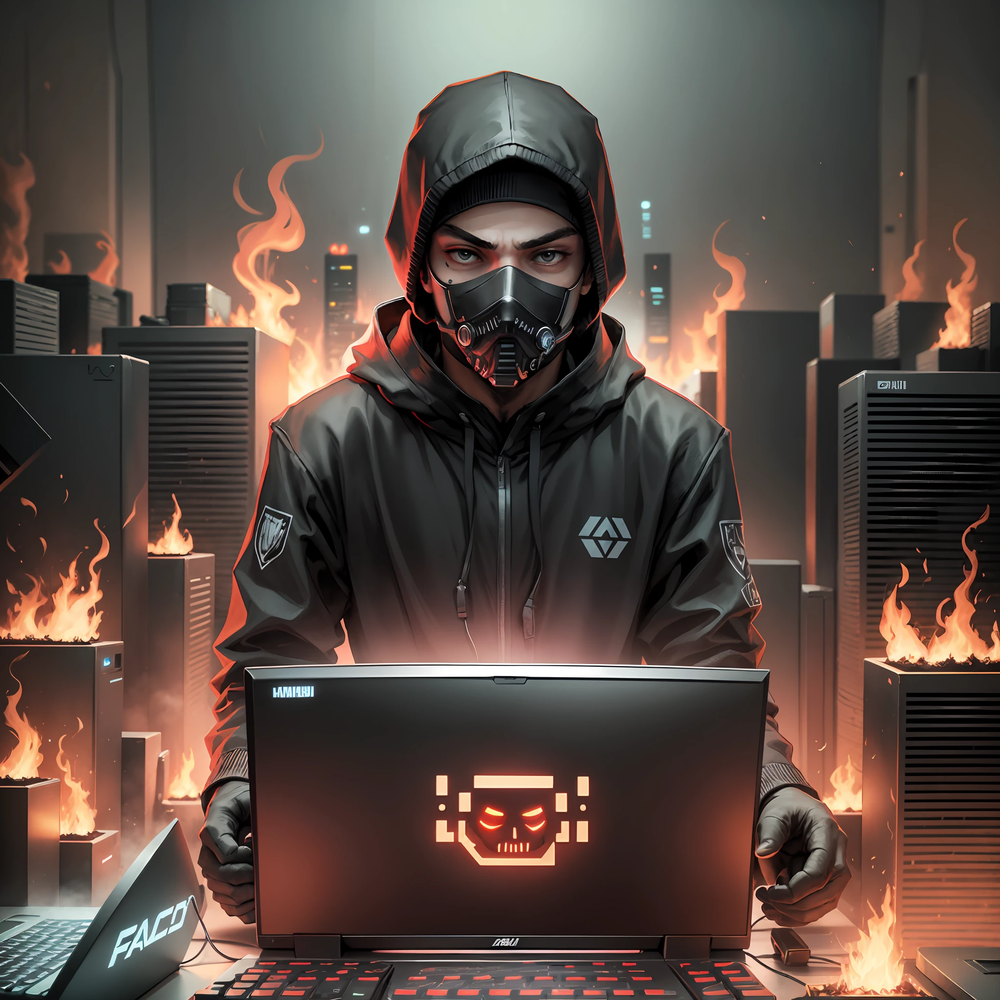 hacker face with a mask on his face dressed in black in the frenzy of the compudador and behind him a lighting of fire --auto --s2