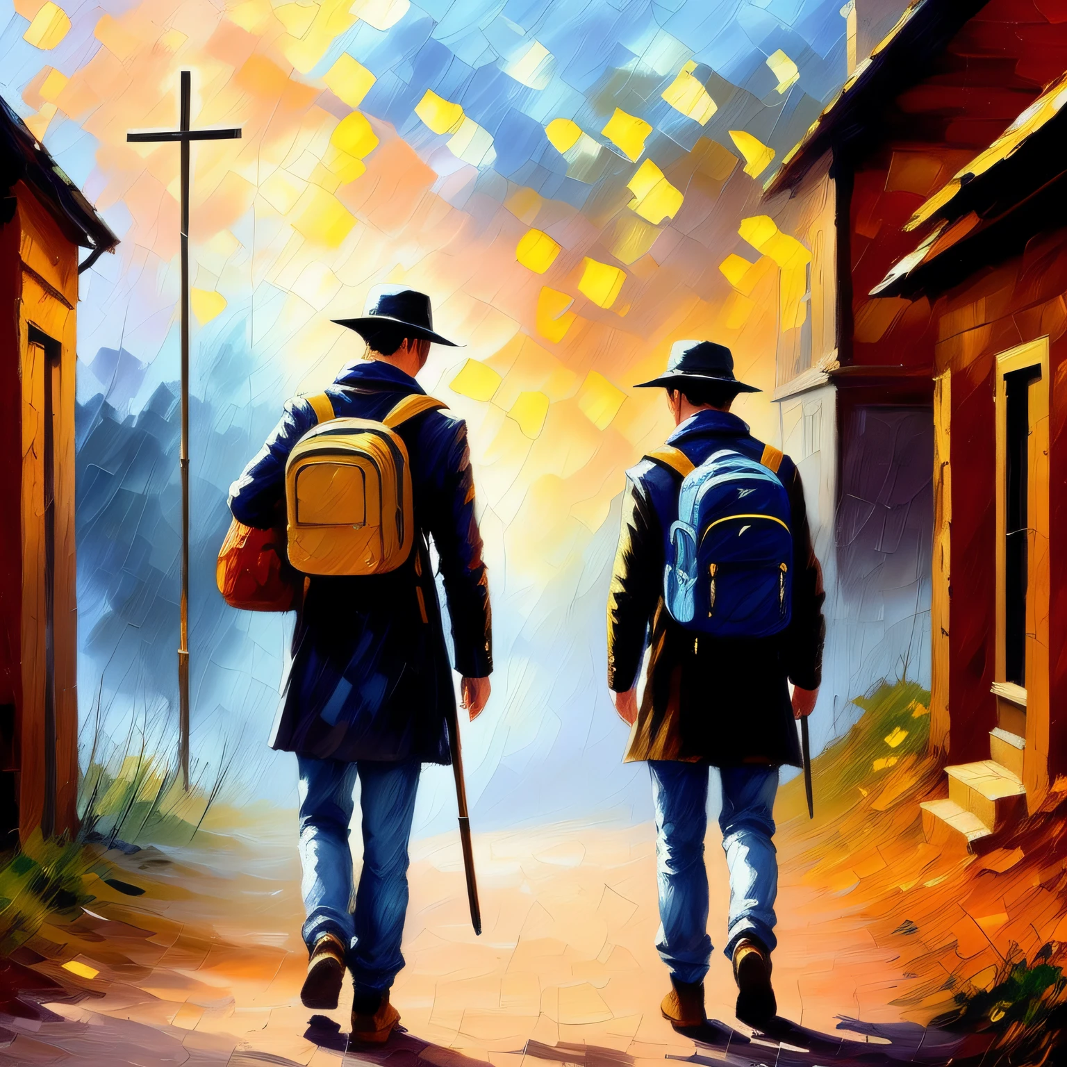 John Bunyan's Pilgrim, man of the fifteenth century walks alone through a gloomy valley, lightning and lightning in the night of sparkling moonlight, carrying a battered and heavy backpack on his back towards a hill, to the top of the hill a wooden cross glitters with a mysterious glow, pilgrim, john bunyan, classic book, empire-style, by Alex Huguet, Mike Hill, Ian Spriggs, JaeCheol Park, Marek Denko, painting painting in impressionist style, brushstroke painting technique, palette knife painting, an expressive oil painting, Leonid Afremov