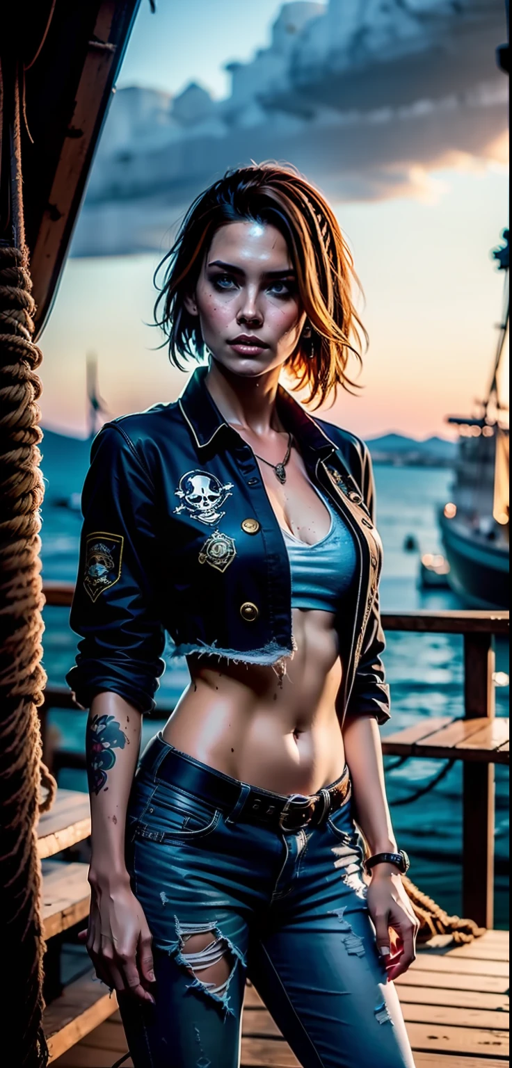 dramatic lighting, highest quality, cinematic film stills, (charming Claire Redfield, dressed in dirty and tattered pirate costume, standing on the deck of a pirate ship docked in a Caribbean port), dirty, dark atmosphere, toned body, (torn clothes: 0.8), perfect face, looking at the audience, (detailed skin), [tattoo], [freckles], ((dirty)), (muddy), (Storm: 0.7), (Storm: 0.5), Dim, Natural Light, (Direct Light: 0.4), 8mm Film Grain with Sony a9 II, 24mm Lens, F/2.8 Aperture, Deep Focus, (RAW), 8k, (Still from the Lost Pirate Kingdom)