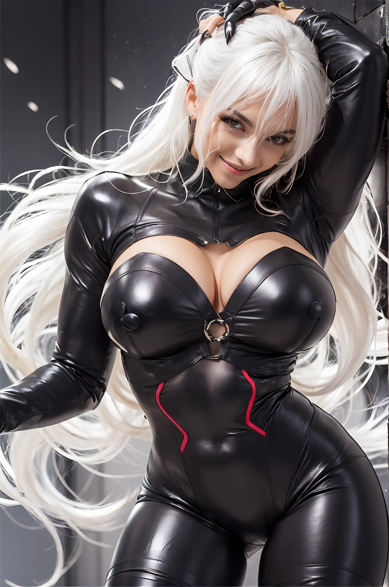 4K, black cat, sexy woman, muscular body, white hair, black leather suit, big nails, gestural pose, smile on face.