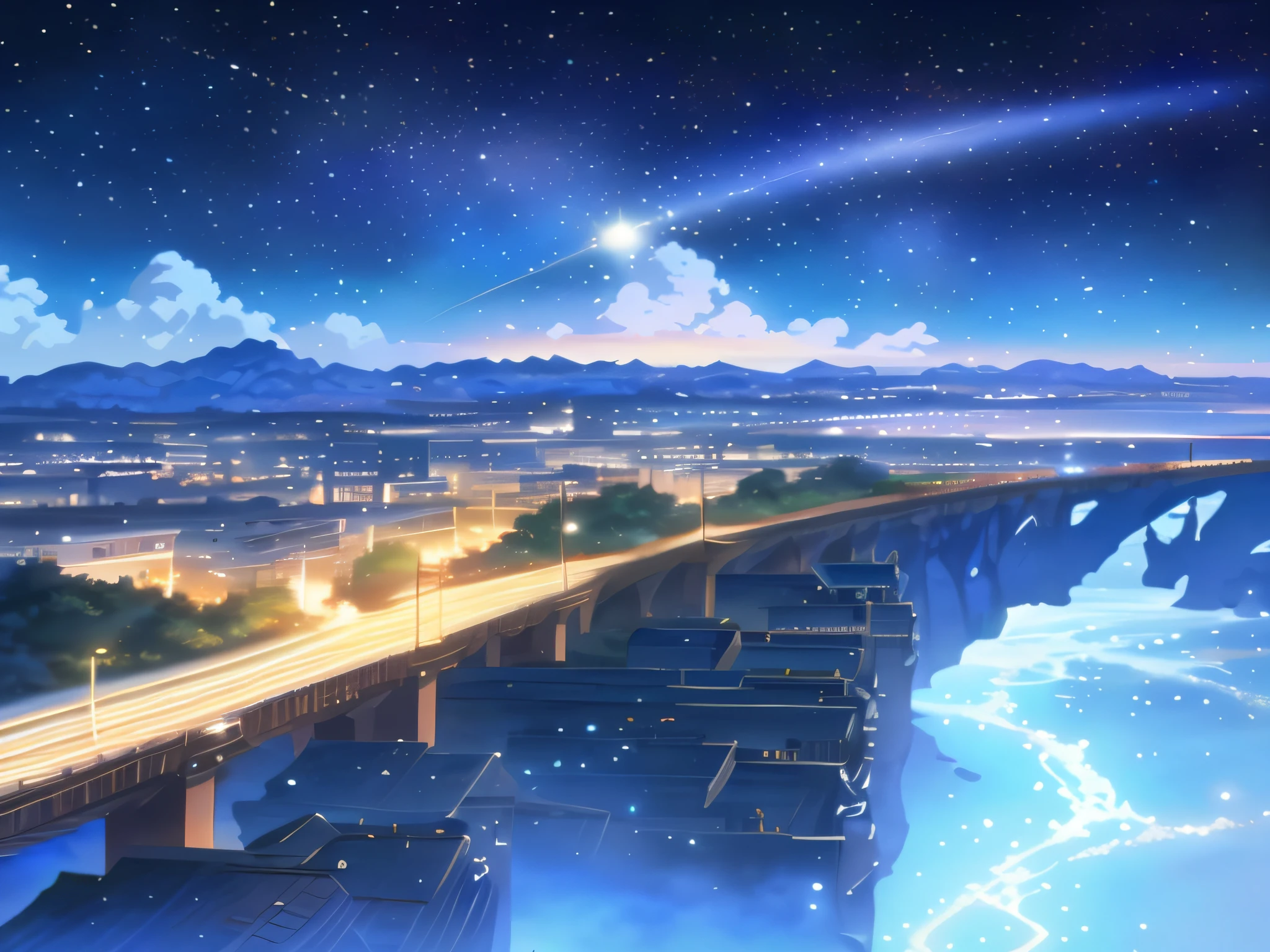 anime scenery of a bridge with a train crossing over it, anime background art, hd anime cityscape, anime landscape wallpaper, beautiful anime scenery, makoto shinkai!, anime scenery, in style of makoto shinkai, inspired by Makoto Shinkai, style of makoto shinkai, anime background, cosmic skies. by makoto shinkai, makoto shinkai style