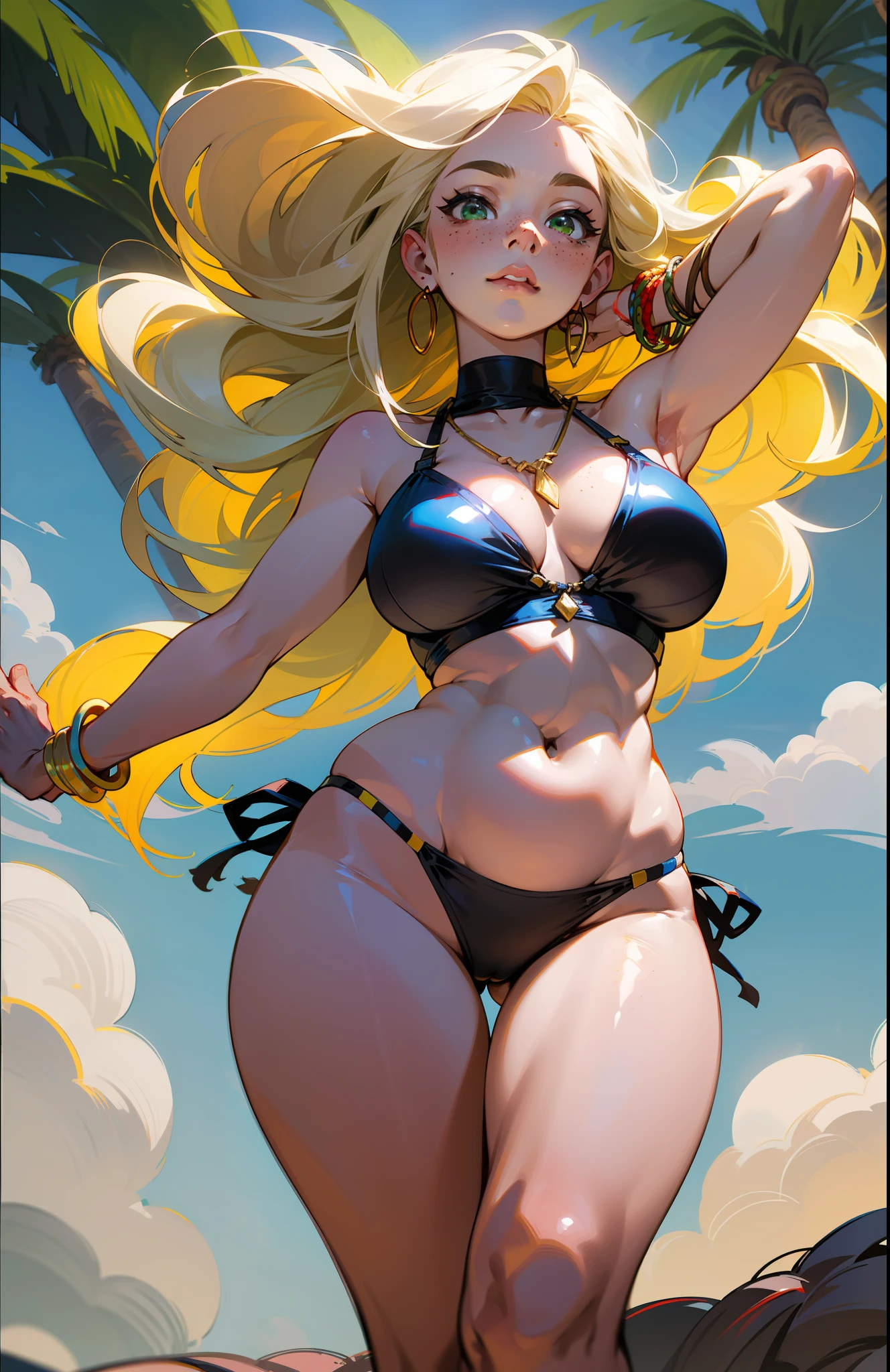 White European woman 30 years old straight blonde hair, medium length at shoulder height, some freckles on her face, green eyes, rounded snubbed nose, thick lips, with volume, sensual mouth between open, looking down with intimidating look, view from below, looking from below, full body, wearing a thin lace bikini with her large breasts standing out, Escaping the bikini, gorgeous smooth skin with freckles, natural braided thin necklace, tribal rope bracelet, leaning against a large palm tree on a cloudy and windy day, hair thrown to the wind, full-body woman, arms behind body, sensual pose, sexy woman with wide hips and shaved belly