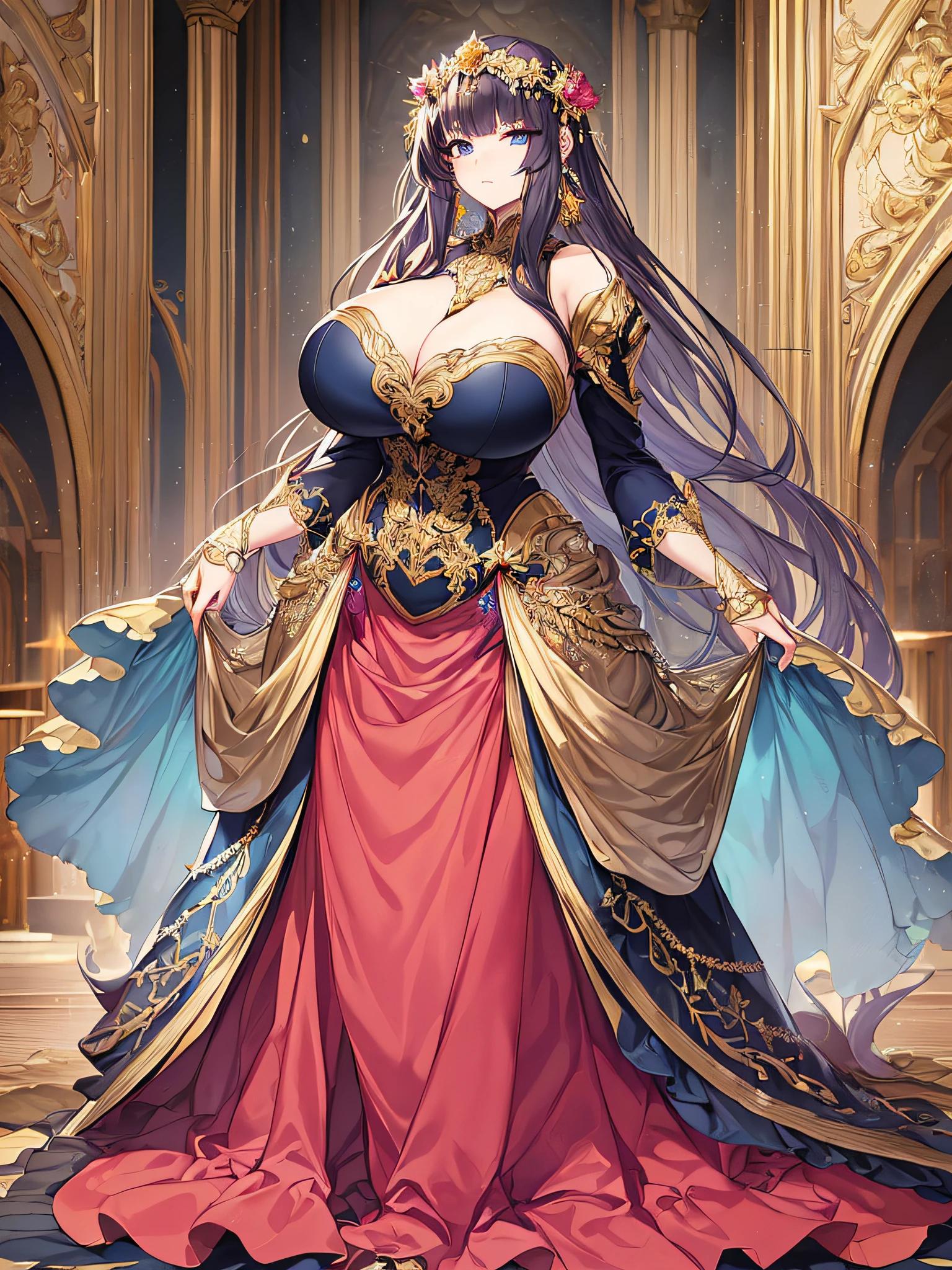 (((anime artstyle))),(Masterpiece),(Best Quality), (Super Detail),Illustration,((Very Delicate and Beautiful)),Focus on character,Dynamic Angle,Looking at viewer,((Solo)),standing,(((full body))),((one noble princess in gorgeous ball gown with voluminous skirt)),detailed face and eyes,jewel-like eyes,((Very Long voluminous Hair)),gorgeous embroidery and lace,See-through,ornate ruffles,Gorgeous jewelry ornaments,(gigantic breasts,Long breasts),((gorgeous ball gown with voluminous skirt)),full body