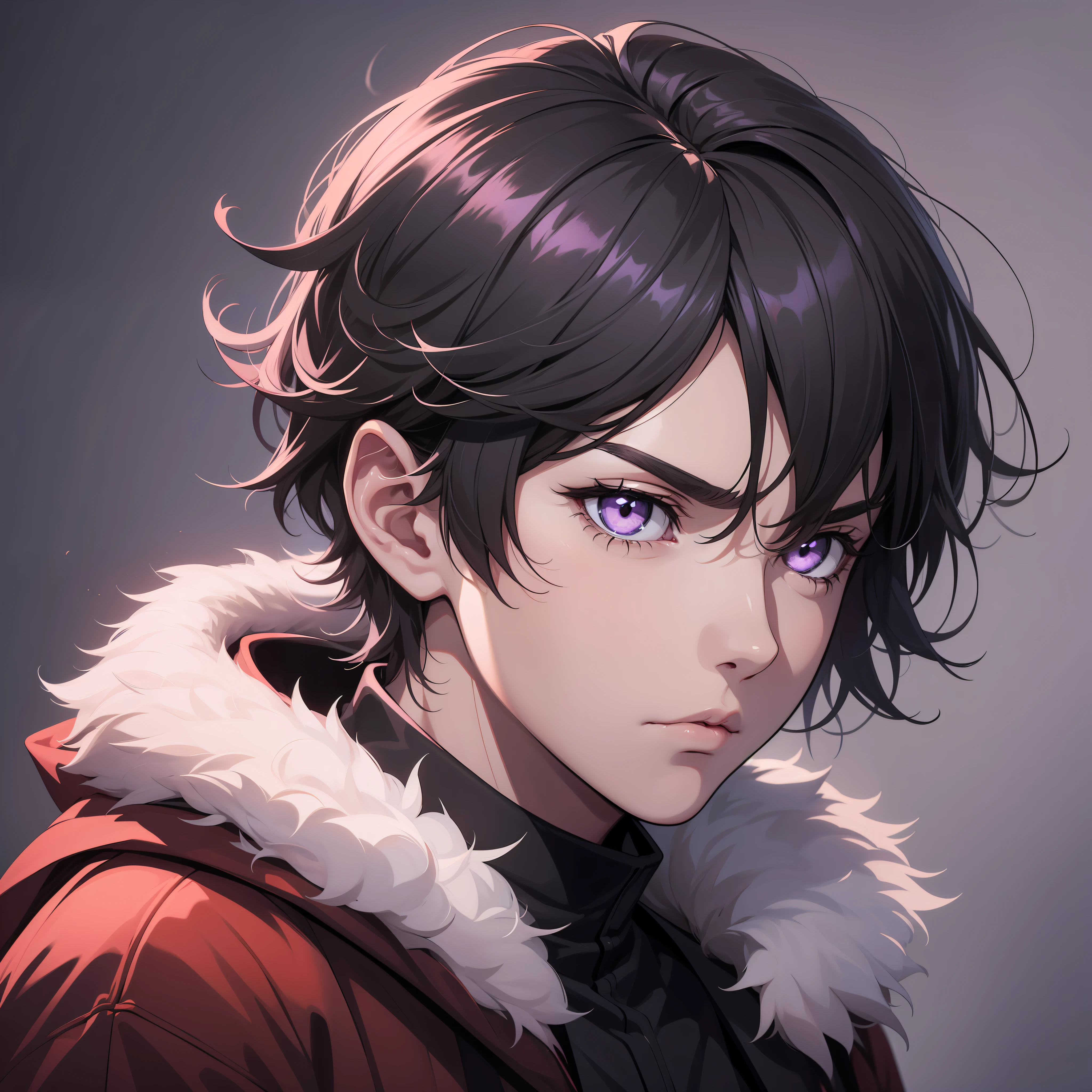 Young adult, anime, 4k, digital art, medium black hair, purple eyes, blank stare, melancholy, melancholic background, male