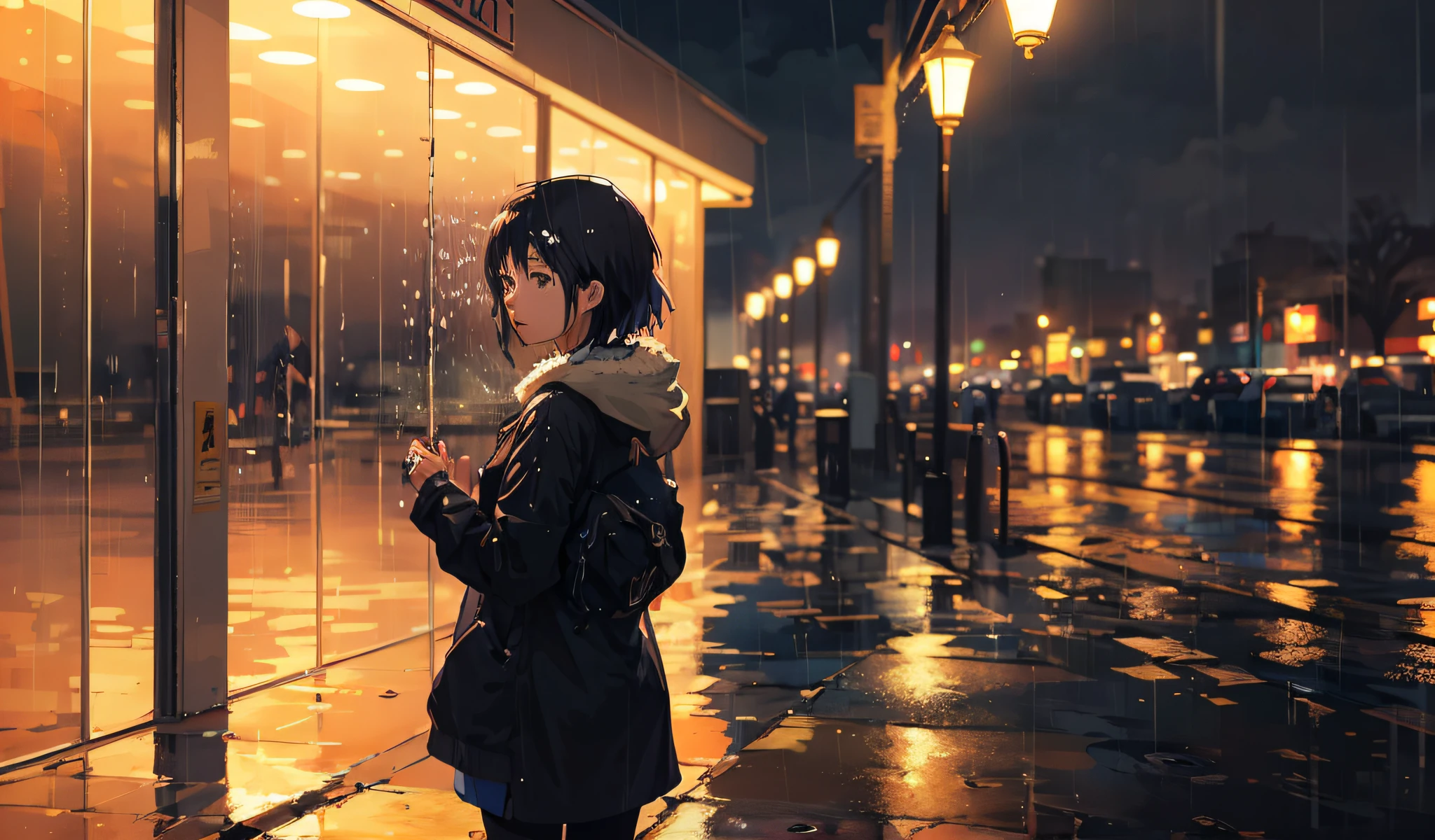 there is a woman standing in the rain with an umbrella, after rain and no girls, rainy night, rainy evening, 4k anime wallpaper, rainy day, late night raining, anime art wallpaper 4k, anime art wallpaper 4 k, reflections. by makoto shinkai, gloomy. by makoto shinkai, anime wallpaper 4 k, anime wallpaper 4k, raining