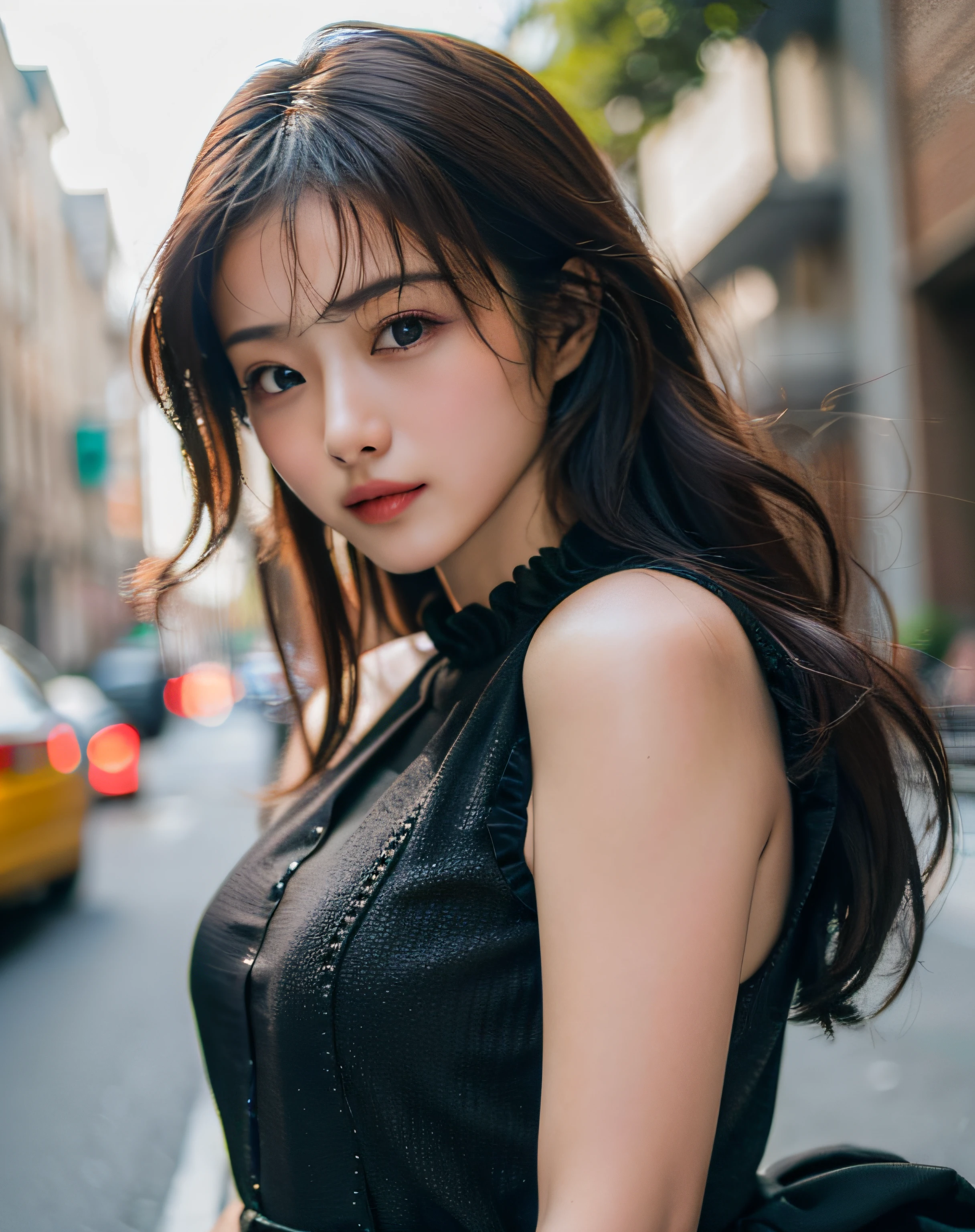 Woman posing seductive on street corner, top quality, high resolution, 8k, girl alone, outdoor, (street: 0.8), (people, crowd: 1), sleeveless dress, black dress: 1.5), gorgeous, (medium hair), (dynamic pose: 0.8), (upper body: 1.2), soft lighting, wind, glossy skin, gaze,