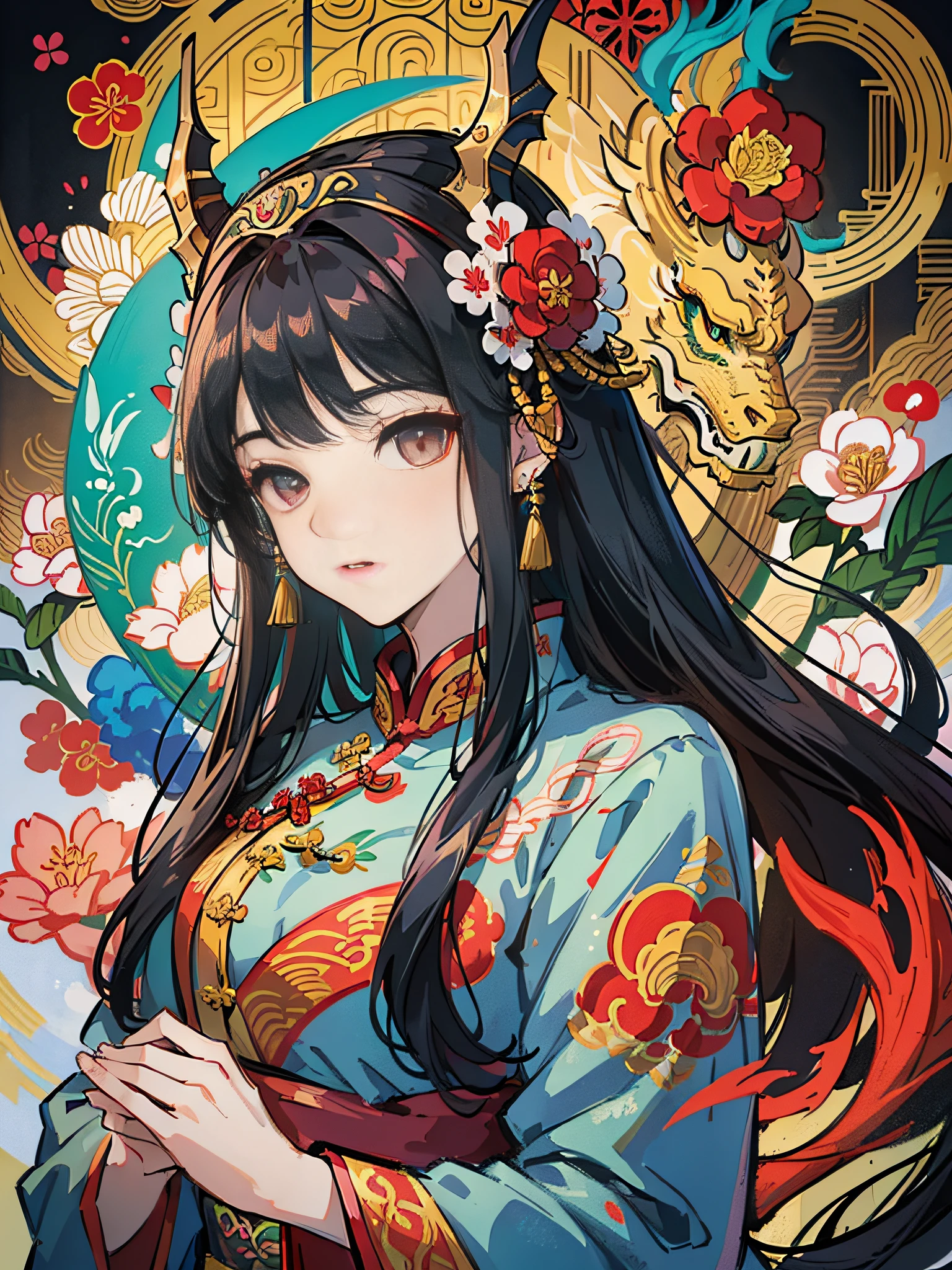 (Best quality, masterpiece), young woman, surrounded by this dragon, holding a dragon head in her hand, wearing a Peking Opera headdress, wearing a cheongsam , wind, flowers, upper body, wearing a Peking Opera headdress, black hair, beautiful artwork, perfect composition --auto --s2
