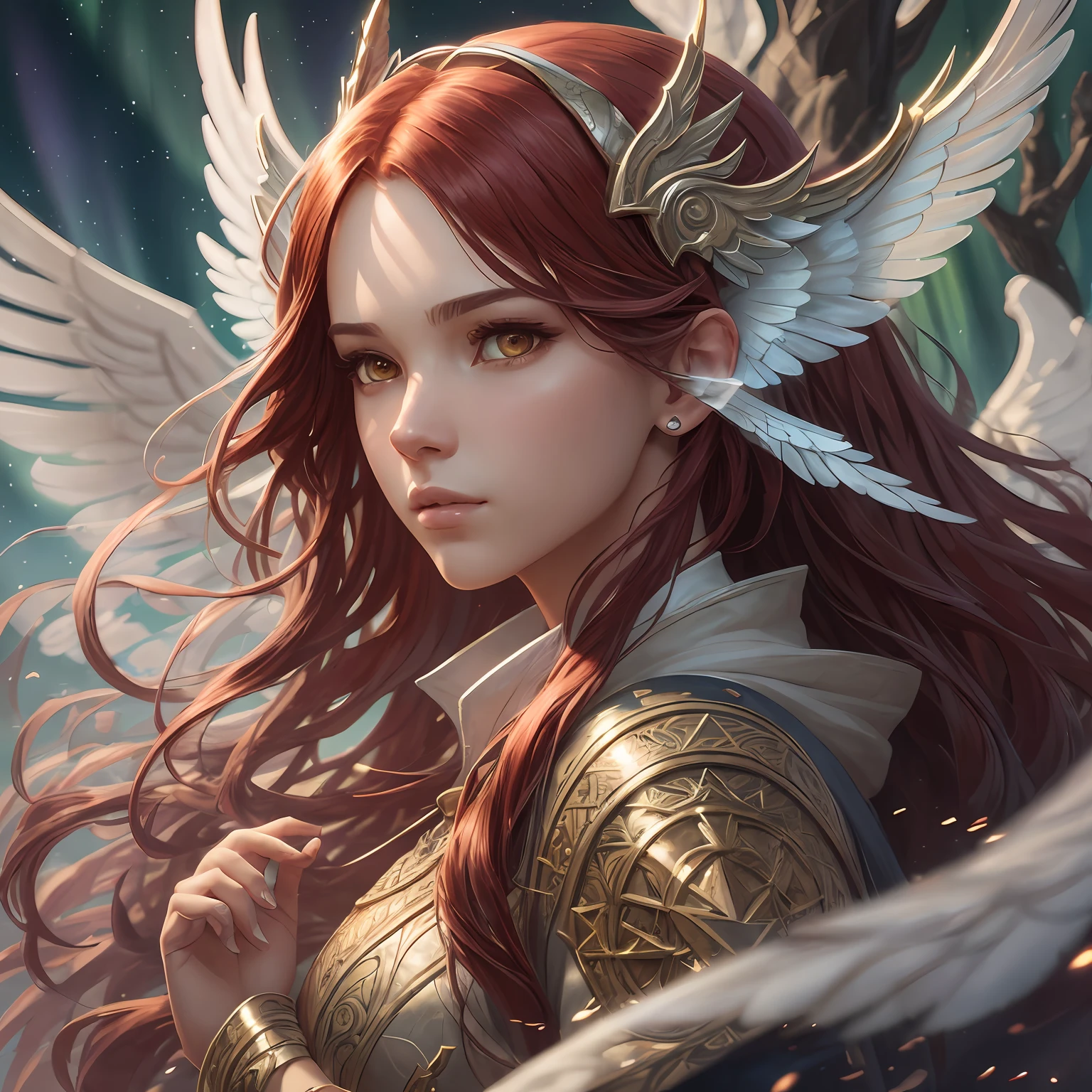 (atmosphere with light and a tree behind)+ 8k aurora portrait, girl with super long hair, super long very light red hair, in battle clothes, with giant silver wings on the back, intricate, highly detailed, digital painting, smooth, sharp focus, illustration, unreal engine 5, 8 k, art by Artgerm and Greg Rutkowski and Alphonse Mucha