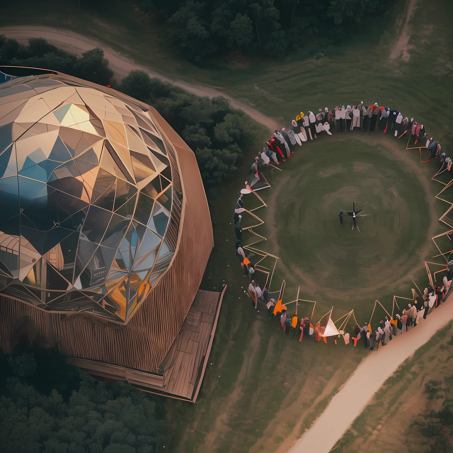 aerial view of a group of people standing in a circle, inspired by Buckminster Fuller, geodesic dome, seen from above, shot from a drone, people facing fire circle, top-down shot, geodesic domes, view from above, geodesic building, by Attila Meszlenyi, photo from above, geodesic