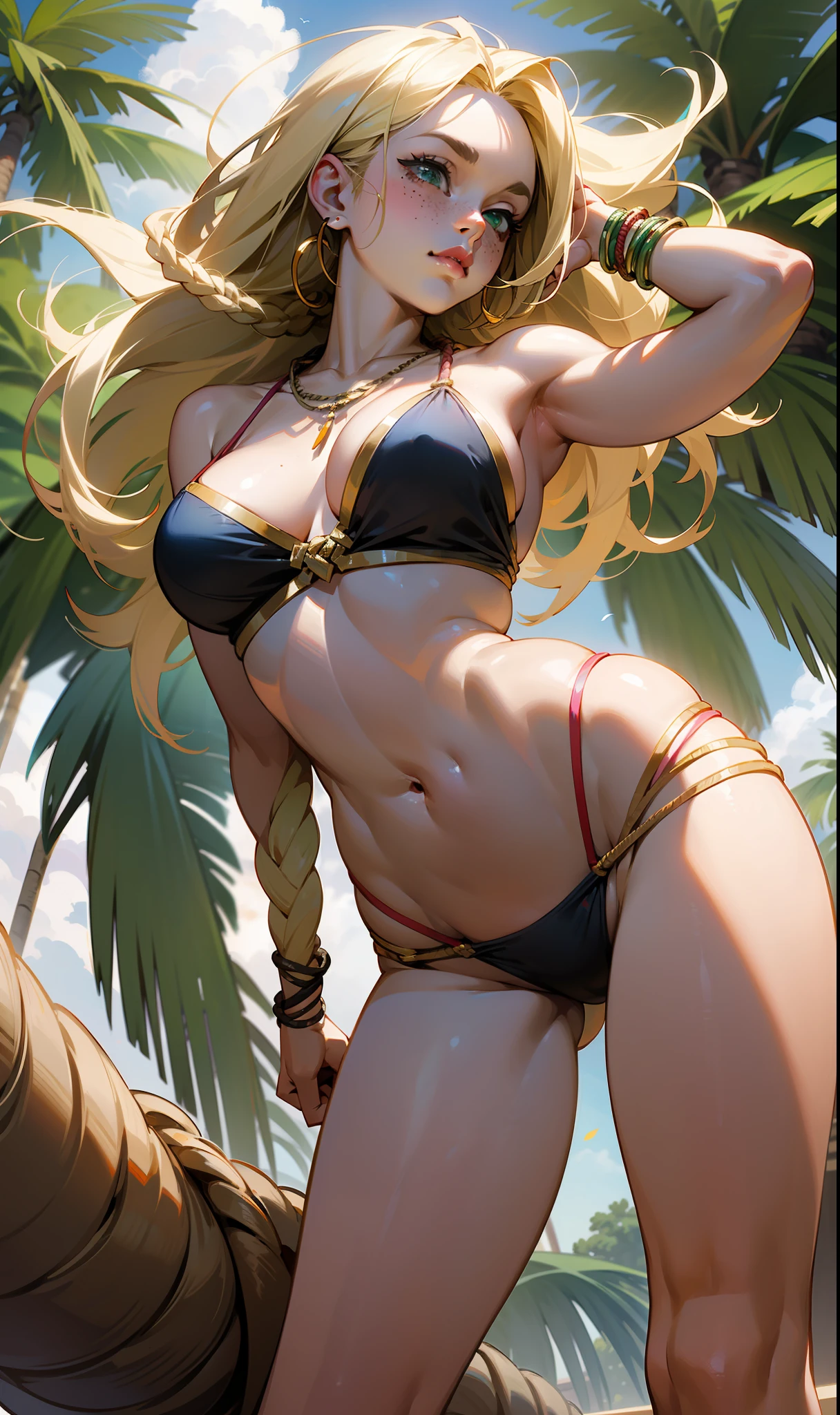 European realistic white woman 30 years straight blonde hair, medium length at shoulder height, freckles on face, green eyes, snubbed nose, thick lips, with volume, sensual mouth between open, looking down with intimidating look, view from below, looking from below, close-up from below, full body, wearing a thin lace bikini with her large breasts (oppai) standing out, Escaping the bikini, gorgeous smooth skin, natural braided thin necklace, tribal rope bracelet, leaning against a large palm tree on a cloudy and windy day, hair thrown to the wind, full-body woman, arms behind body, sensual pose, sexy woman with wide hips and shaved belly