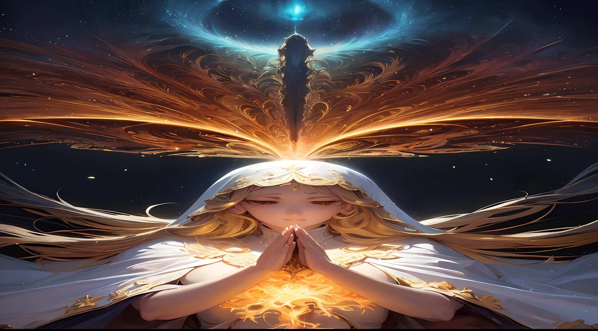 (masterpiece, top quality, best quality, official art, beautiful and aesthetic:1.2), (1girl), extreme detailed, (fractal art:1.3), colorful, highest detailed, perfect face, upper body, HDR, (praying:1.3), (white cloak golden lines:1.2), galaxy, (light streaks), striking visuals, (dynamic streaks, luminous trails:1.2), vibrant colors