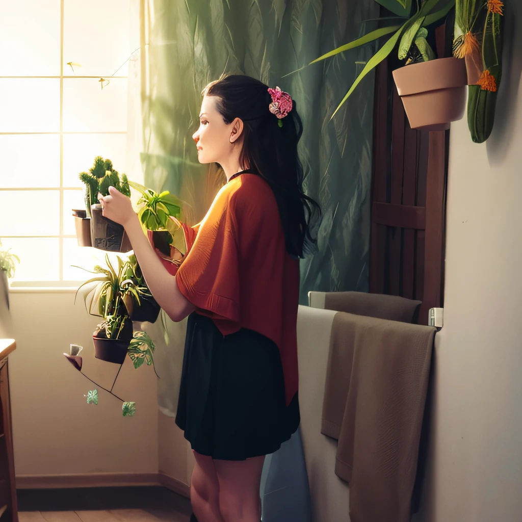 there is a woman standing in a room with a plant in her hand, adorned with all kind of plants, with flowers, indoor picture, with flowers and plants, holding magic flowers, with cactus plants in the room, photoshoot, next to a plant, very very low quality picture, holding maracas, holding a cactus, carrying flowers, holding flowers --auto