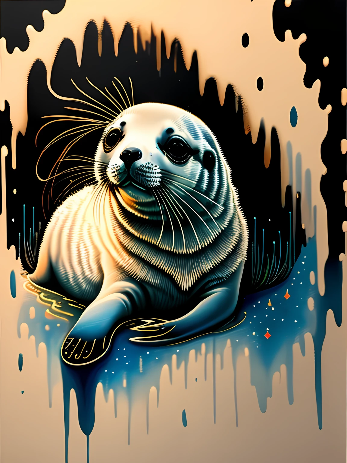 a painting of a colored seal on a black background,, breathtaking rendering, within a radiant connection, inspired by Kinuko Y. Craft,, magical elements, seal icon, wow, is beautiful, casting a multi colorful spell, bright flash, flash