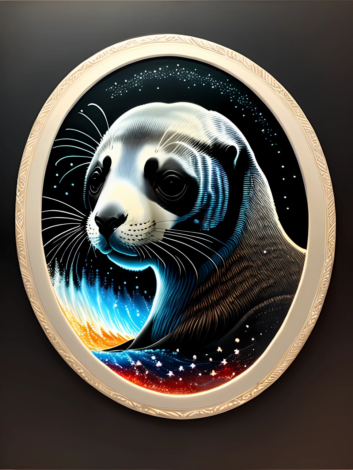 a painting of a colored seal on a black background,, breathtaking rendering, within a radiant connection, inspired by Kinuko Y. Craft,, magical elements, seal icon, wow, is beautiful, casting a multi colorful spell, bright flash, flash