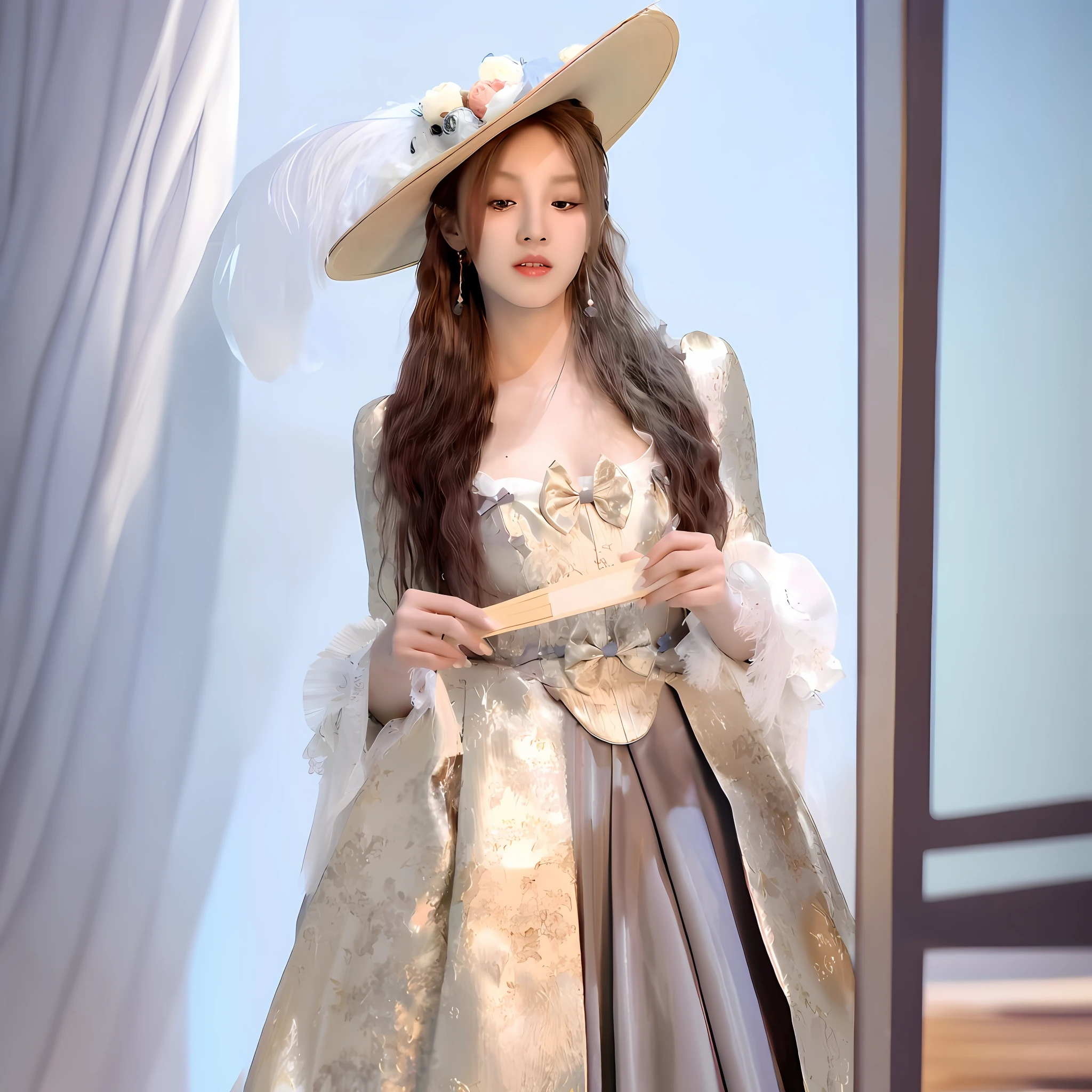 there is a woman in a dress and hat holding a piece of paper, rococo queen, full body xianxia, # rococo, bae suzy, lalisa manobal, ivory rococo, rococo dress, rococo fashion, inspired by Jeong Seon, belle delphine, historical baroque dress, captured on canon eos r 6, rococo style portrait