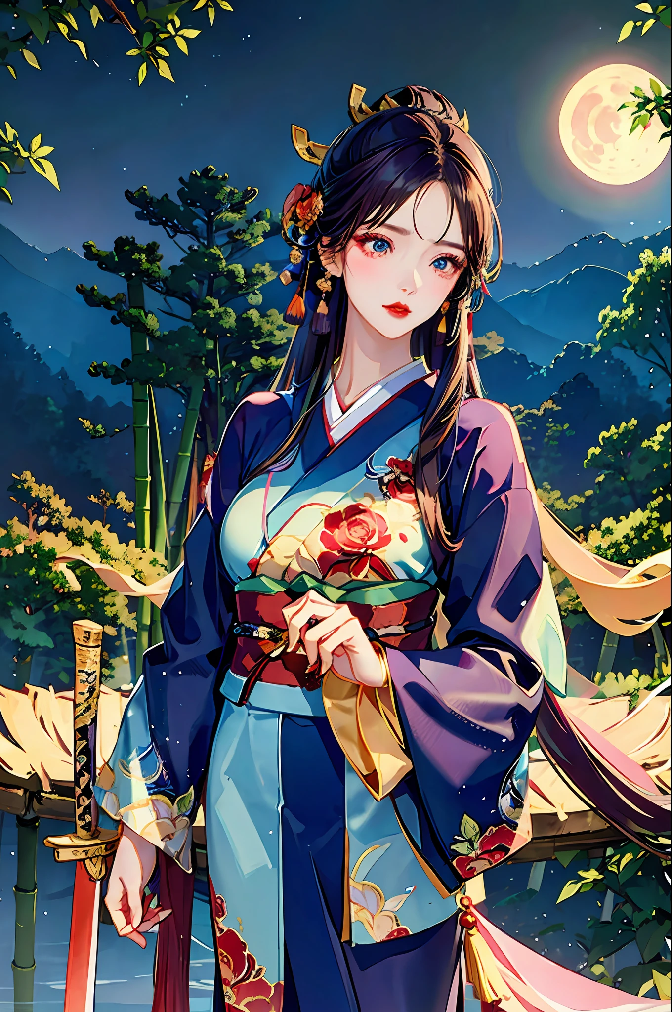 Woman Swordsman, Asian style with large breasts wearing a kimono with a serene and calm look, red lips with lipstick, wearing a rose in her hair, holding a sword with star sticking out, location in a bamboo forest, night scenery with moonlight of bright red color, image in 8k Realistic style.