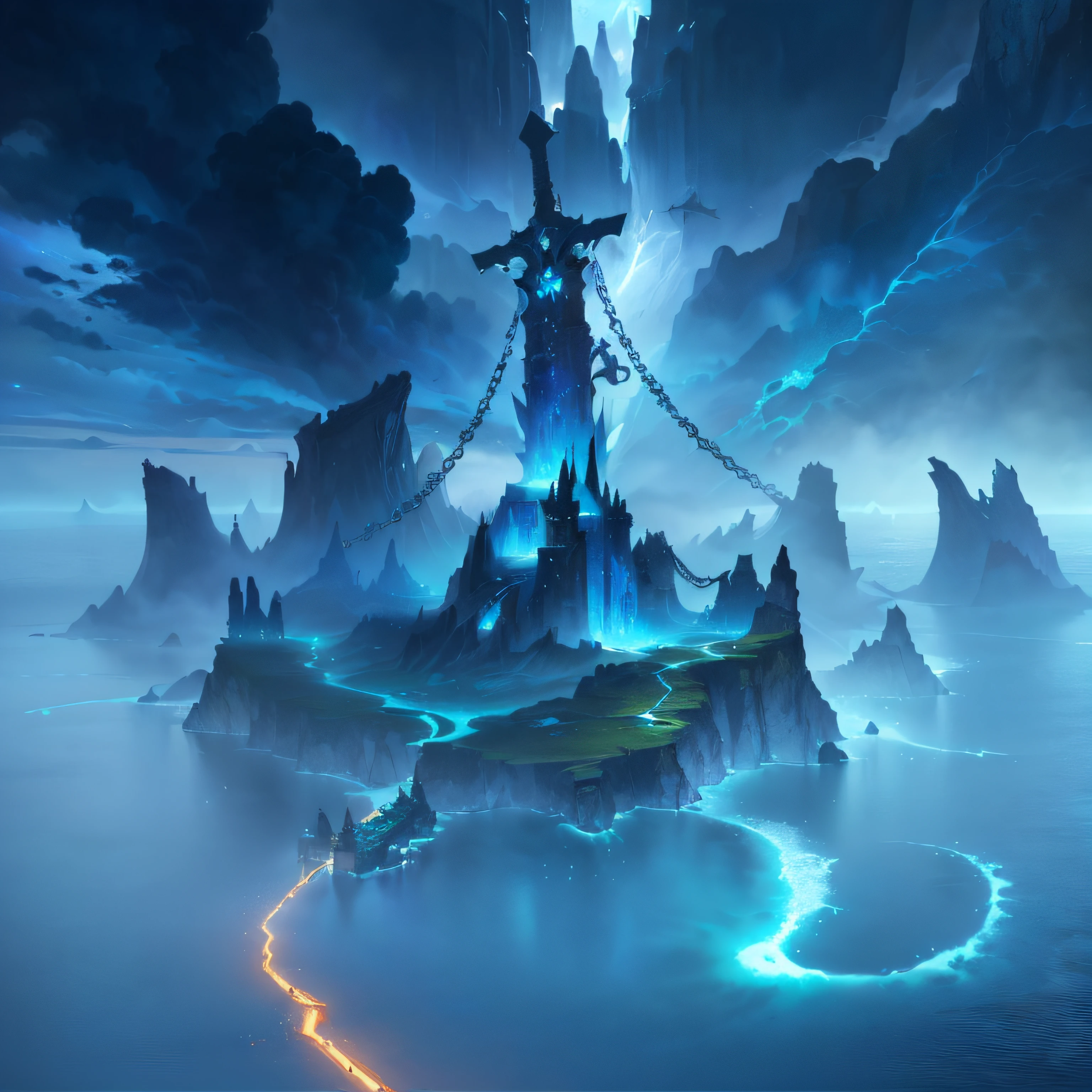 Midjourney style, Dreamlike, , ocean, island, a big mountain in the middle, a sword stuck in the mountain, ancient, mossy, shabby, photo taken from the weapon of Fantasy Island hanging from a chain from the sword, concept art wallpaper 4K, Unreal Engine fantasy art, epic fantasy digital art style, inspired by Andreas Rocha, 4k fantasy art, World of Warcraft art style, World of Warcraft concept art, fantasy art act, fantasy concept art, matte painting arcane Dota Pixar