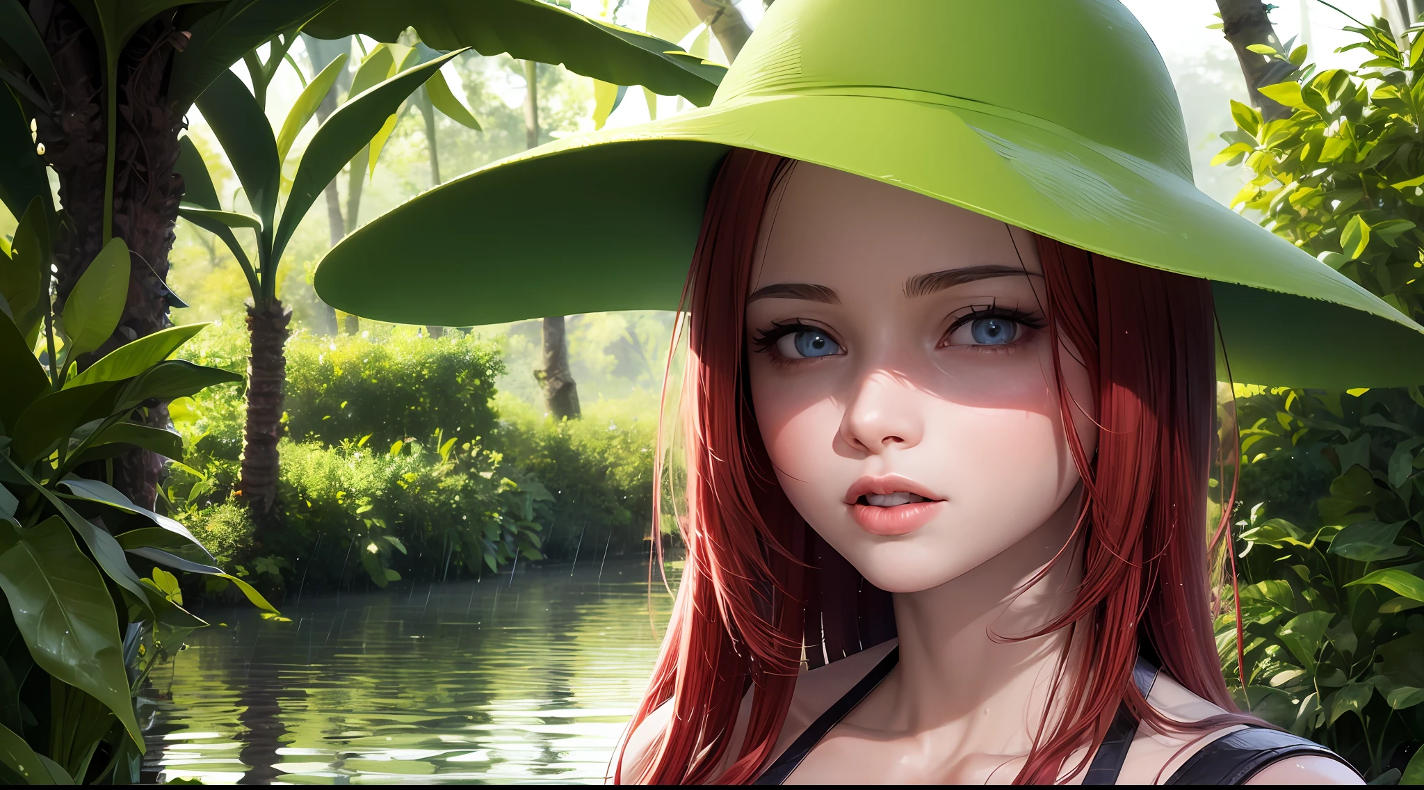 (best quality:1.0), (ultra highres:1.0), (masterpiece:1.0), (best quality:1.4), (ultra highres:1.2), (photorealistic: 1.4), 8k resolution, Canon EOS R5,s, (glossy skin1.15), (8k, RAW photo, photorealistic: 1.25) (blue eyes), (long red hair), (realistic photo: 1.3), (high detailed skin: 1.2), 8k uhd, Dslr, Soft lighting, (eyes full of life), Unreal Engine 5, extremely detailed CG unit 8k wallpaper, ultra realistic eyes, realistic face, ultra realistic pupil, (best HDR), ultra realistic pupil, realistic eyebrow, ulzzang-6500-v1.1, 3D, (best ray tracing in an image) long haired redhead girl and a 10-year-old boy, inside the lake, A jungle, with intense rain, monochrome, vines around, giant and wet trees,