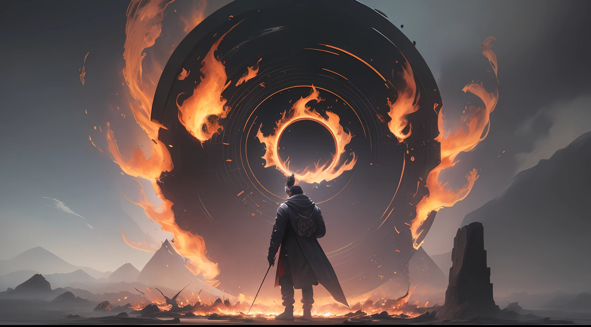 a man standing in front of a circle of fire with the letter A in the middle, a portal to the realm of lost flame, arcs of flame, portal to another world, digital art aetherpunk airbrush, atmoshperic, anamorphic flames, by Anthony Devas, anamorphic flares, fire behind him, incredible fire art --auto --s2