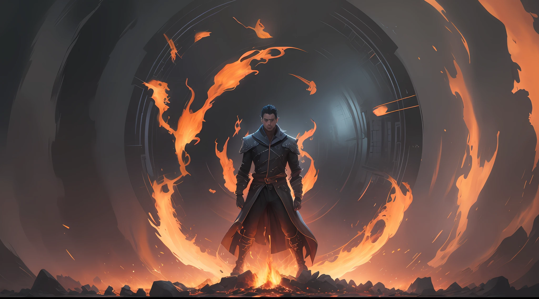 a man standing in front of a circle of fire with the letter A in the middle, a portal to the realm of lost flame, arcs of flame, portal to another world, digital art aetherpunk airbrush, atmoshperic, anamorphic flames, by Anthony Devas, anamorphic flares, fire behind him, incredible fire art --auto --s2