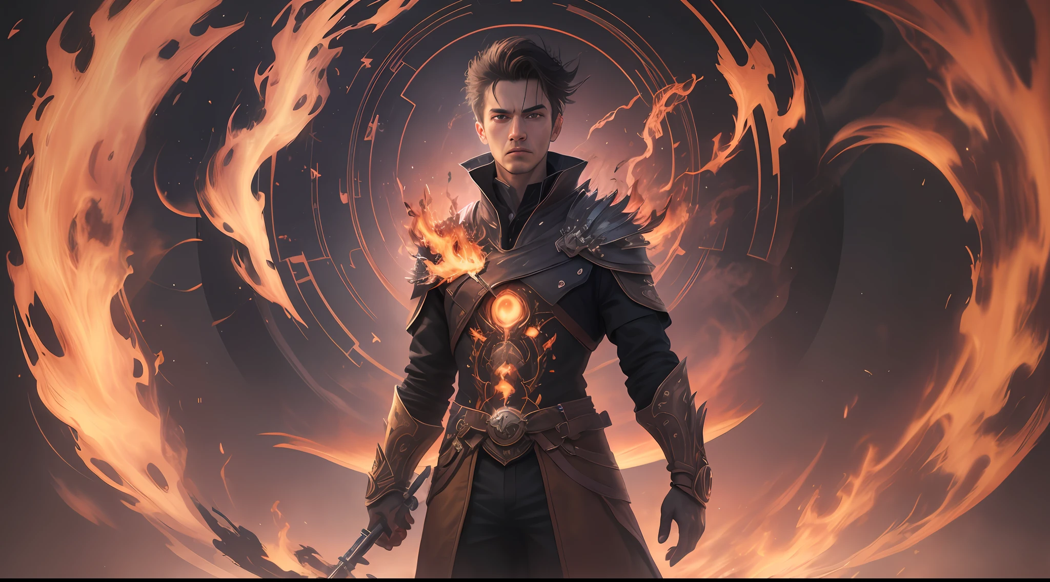 a man standing in front of a circle of fire with the letter A in the middle, a portal to the realm of lost flame, arcs of flame, portal to another world, digital art aetherpunk airbrush, atmoshperic, anamorphic flames, by Anthony Devas, anamorphic flares, fire behind him, incredible fire art --auto --s2