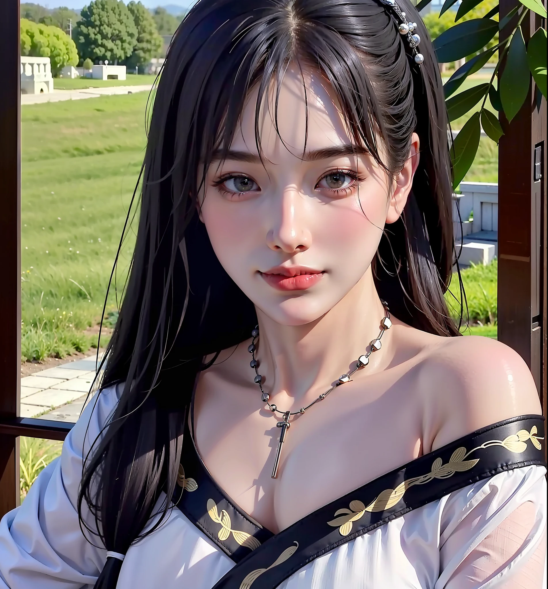 Best Quality, Masterpiece, Ultra High Resolution, (Realistic:1.4), 1 Girl, Off-the-Shoulder Shirt, ((Traditional Chinese Costumes: 1)), Black Necklace, (Faded Gray-Gray Hair:1), (:1.2), Looking at the Viewer, Close-up, Big Breasts, Black Hair, Light Smile, Seductive Smile, Heavy Breathing, Naughty Face, Torogao, Cinematic lighting, motion blur, UHD, highres, super detail, high quality, award winning, masterpiece