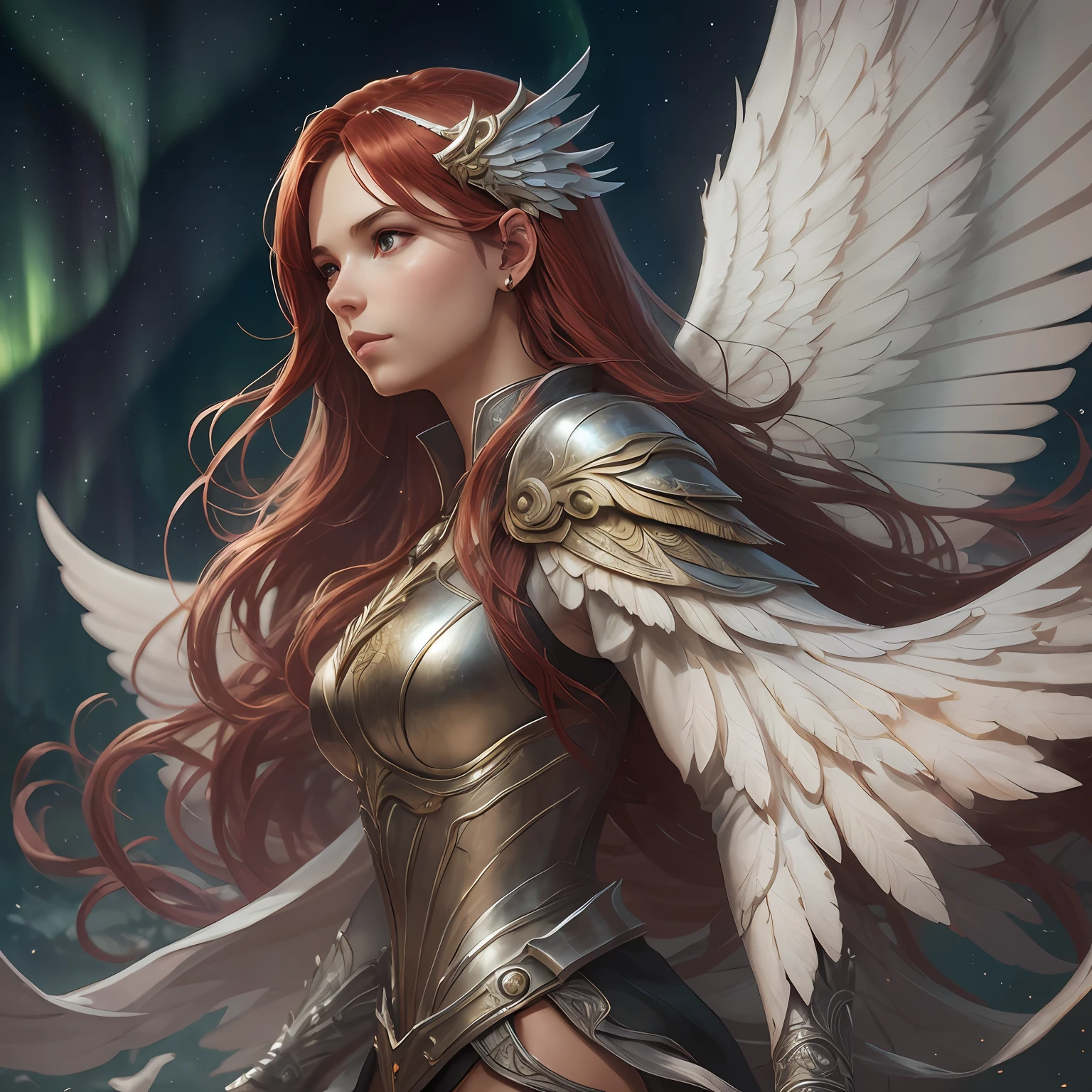 (atmosphere with light and a tree behind)+ 8k aurora portrait, girl with super long hair, super long very light red hair, in battle clothes, with giant silver wings on the back, intricate, highly detailed, digital painting, smooth, sharp focus, illustration, unreal engine 5, 8 k, art by Artgerm and Greg Rutkowski and Alphonse Mucha