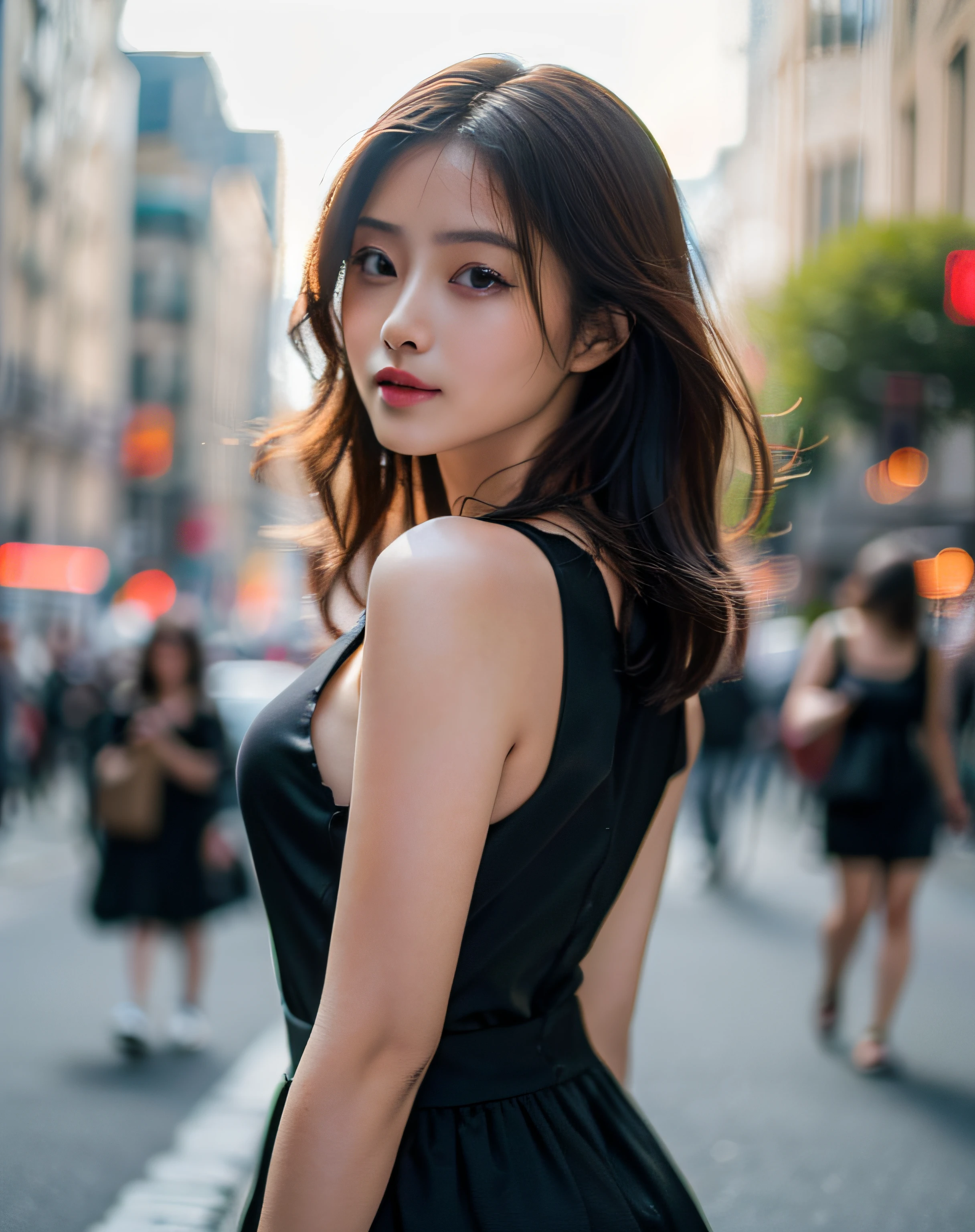 Woman posing seductive on street corner, top quality, high resolution, 8k, girl alone, outdoor, (street: 0.8), (people, crowd: 1), sleeveless dress, black dress: 1.5), gorgeous, (medium hair), (dynamic pose: 0.8), (upper body: 1.2), soft lighting, wind, glossy skin, gaze,