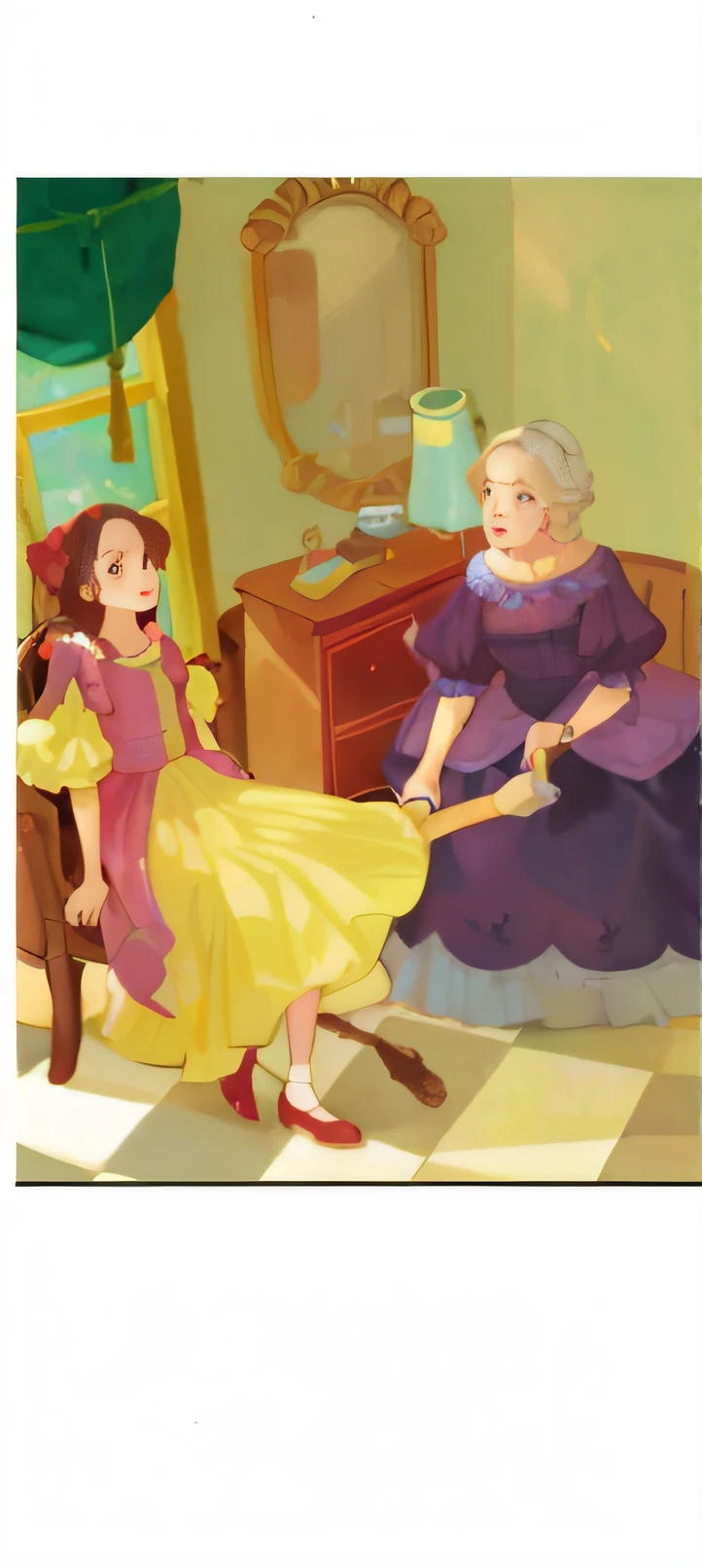 A woman in a yellow dress is being shoveled by an old woman in a purple dress, storybook illustration, storybook illustration, storybook illustration, storybook illustration, children's book illustration, children's book illustration, children's book illustration, children's book illustration, full color illustration, inspired by Lois Dodd