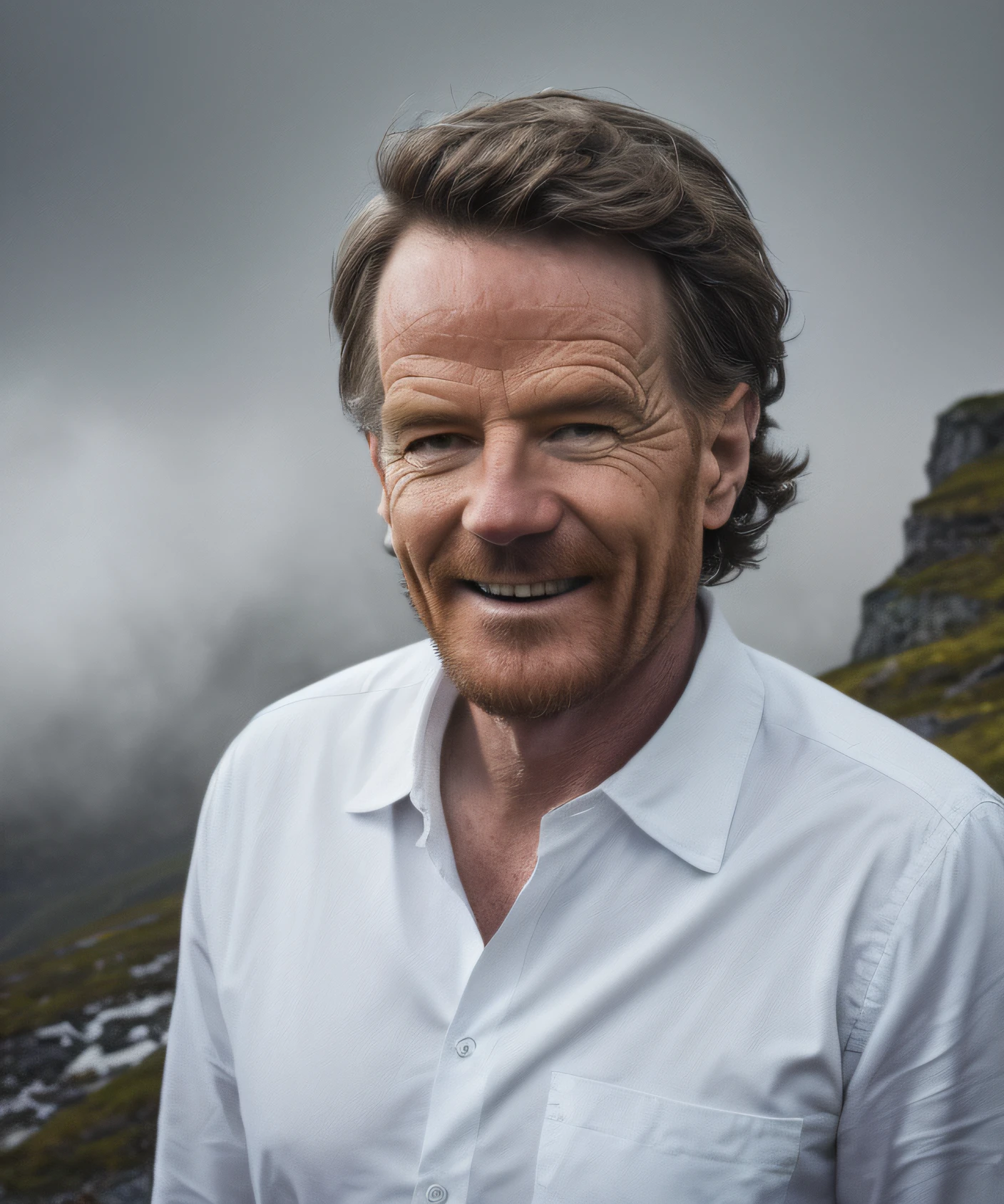 (Masterpiece Photo:1.3) of (Ultra detailed:1.3) (8k, RAW photo, highest quality),1man,age up,bryancranston,(wearing white shirt),standing in the Norwegian mountains, (misty mountains), (detailed eyes:0.8), (looking at the camera:1.4), (highest quality), (best shadow), intricate details, interior, muted colors, freckles,Highly Detailed,naturalism,land Art,regionalism