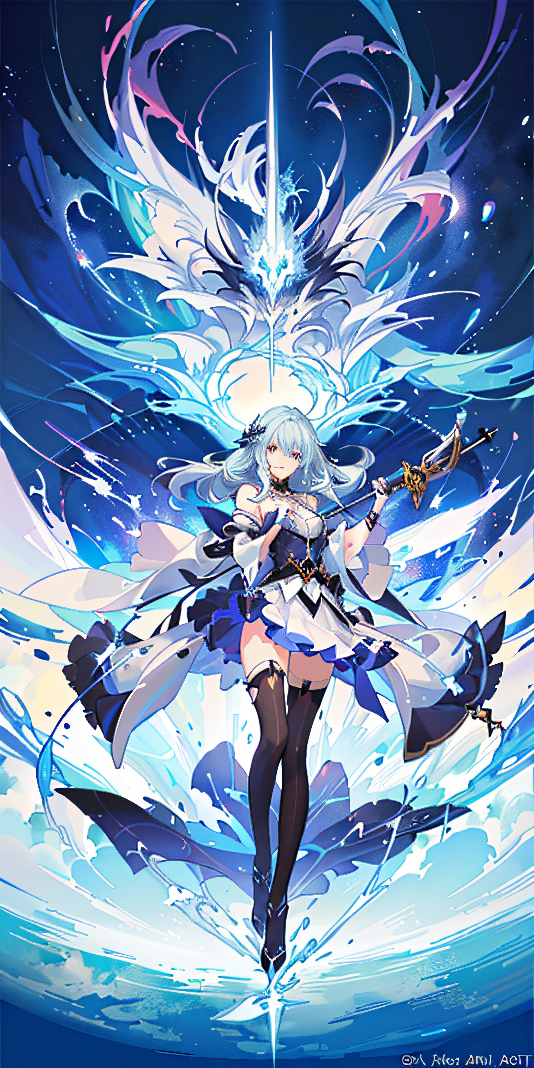 a woman in a white dress holding a sword and a sword, cushart krenz key art feminine, from arknights, anime fantasy illustration, official anime artwork, detailed key anime art, light novel cover art, epic light novel art cover, anime fantasy artwork, anime goddess, trending on artstation pixiv, epic light novel cover art, ethereal anime