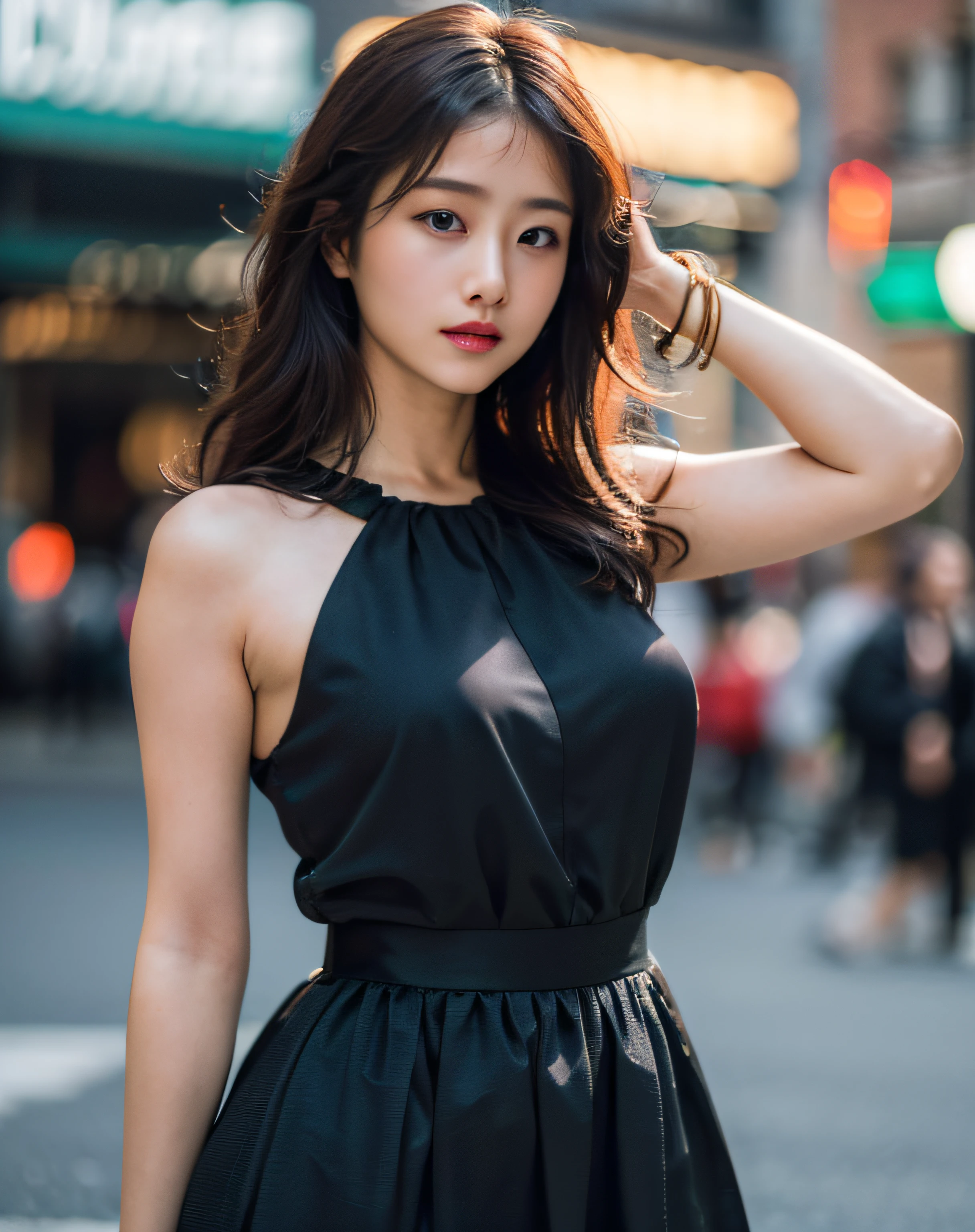 Woman posing seductive on street corner, top quality, high resolution, 8k, girl alone, outdoor, (street: 0.8), (people, crowd: 1), sleeveless dress, black dress: 1.5), gorgeous, (medium hair), (dynamic pose: 0.8), (upper body: 1.2), soft lighting, wind, glossy skin, gaze,