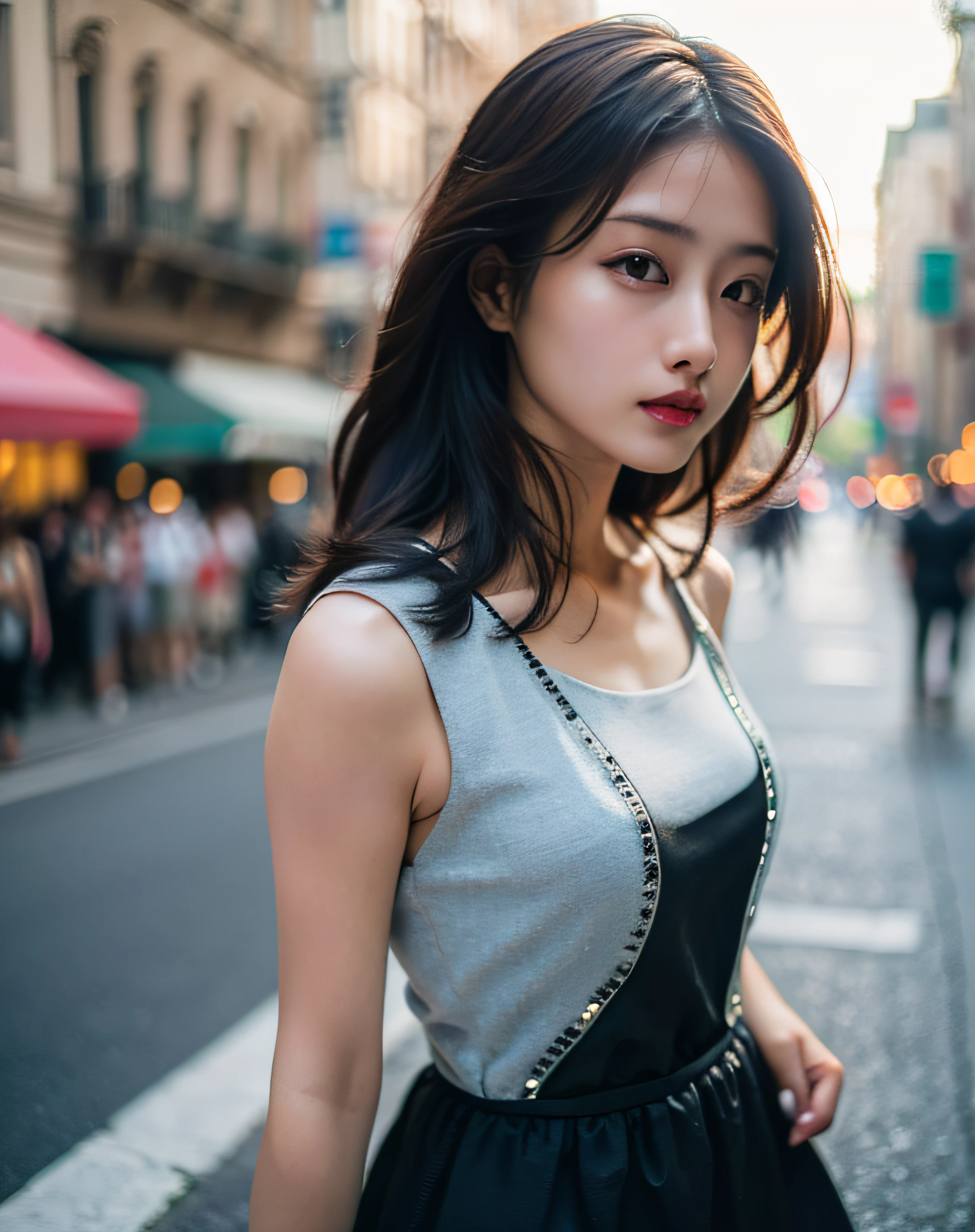 Woman posing seductive on street corner, top quality, high resolution, 8k, girl alone, outdoor, (street: 0.8), (people, crowd: 1), sleeveless dress, black dress: 1.5), gorgeous, (medium hair), (dynamic pose: 0.8), (upper body: 1.2), soft lighting, wind, glossy skin, gaze,