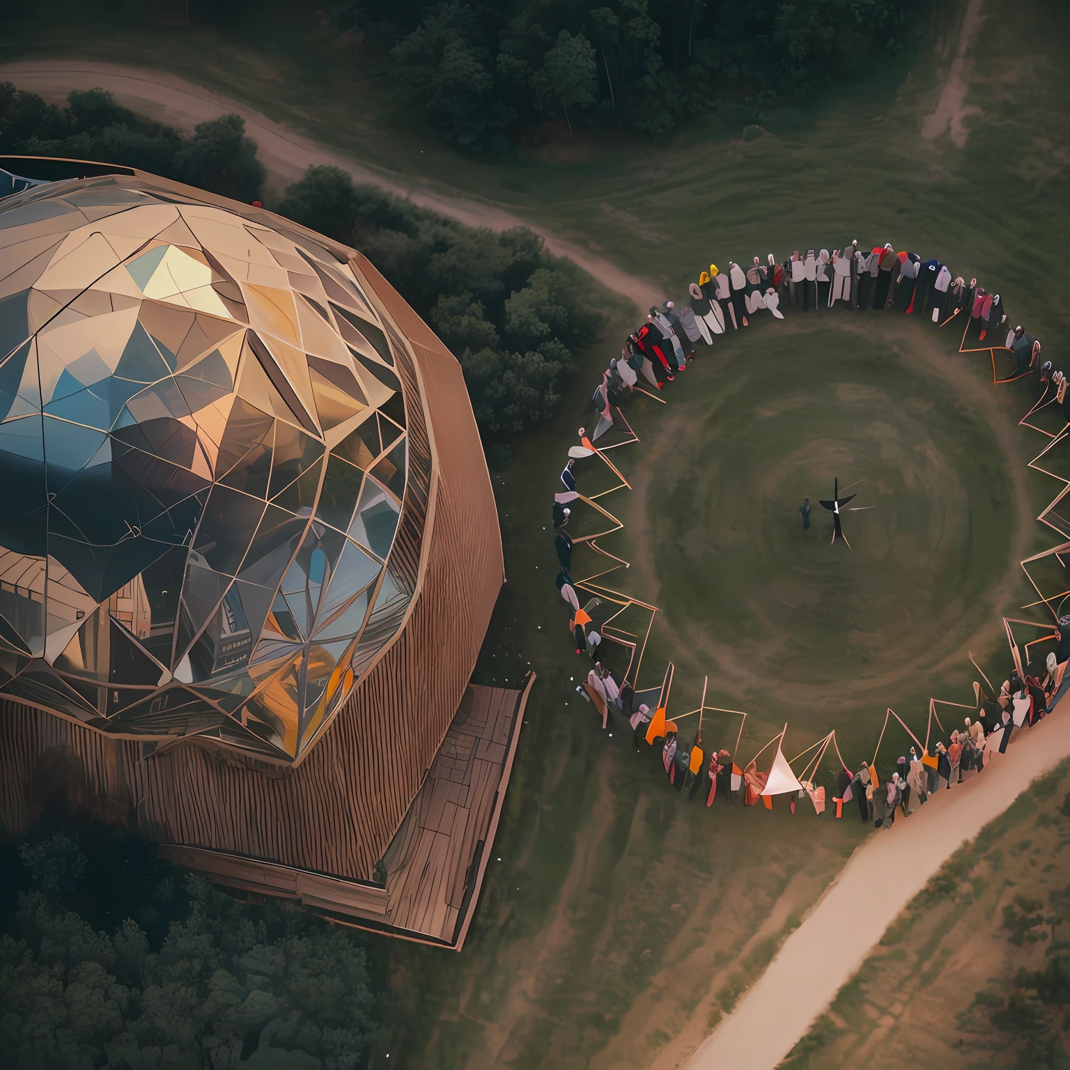 aerial view of a group of people standing in a circle, inspired by Buckminster Fuller, geodesic dome, seen from above, shot from a drone, people facing fire circle, top-down shot, geodesic domes, view from above, geodesic building, by Attila Meszlenyi, photo from above, geodesic