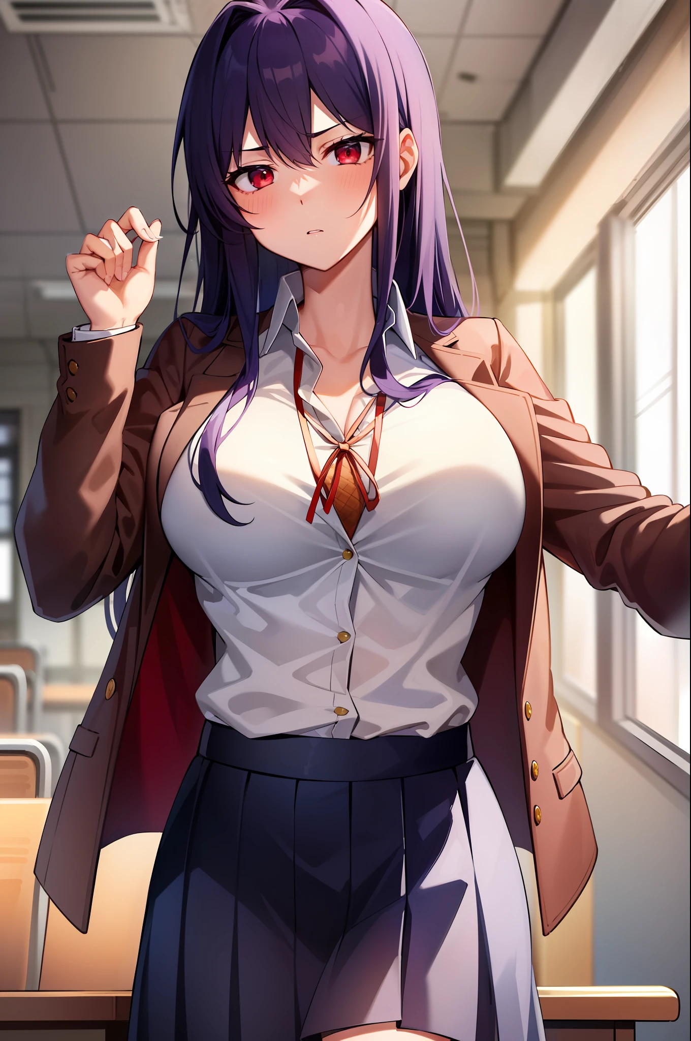 2D, Masterpiece, Best Quality, Anime, Very Detailed, Cowboy Shot, 1 Young Adult, Solo, ((Red Eyes)), Purple Hair, Long Hair, Merciless Hair, [[Big Breasts]], School Uniform, ((Red Jacket)), White Sweater, Collared Shirt, Neckband, White Skirt, ((School Uniform)), Classroom, Serious