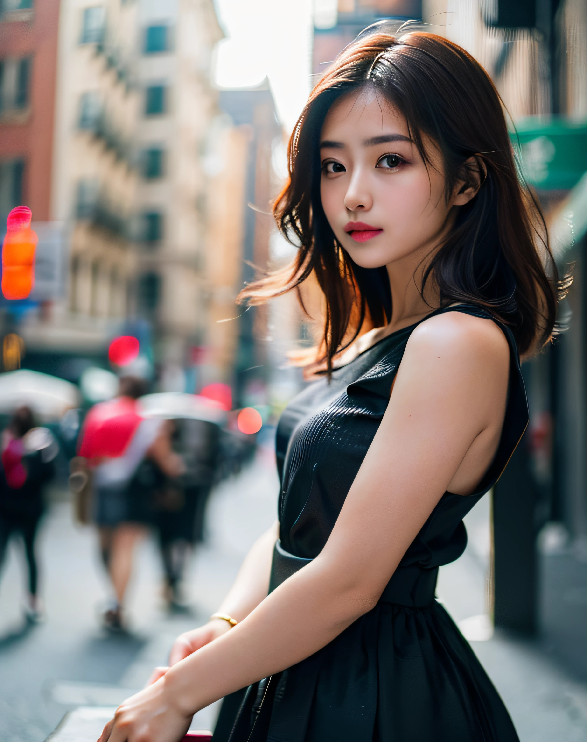 Woman posing seductive on street corner, top quality, high resolution, 8k, girl alone, outdoor, (street: 0.8), (people, crowd: 1), sleeveless dress, black dress: 1.5), gorgeous, (medium hair), (dynamic pose: 0.8), (upper body: 1.2), soft lighting, wind, glossy skin, gaze,