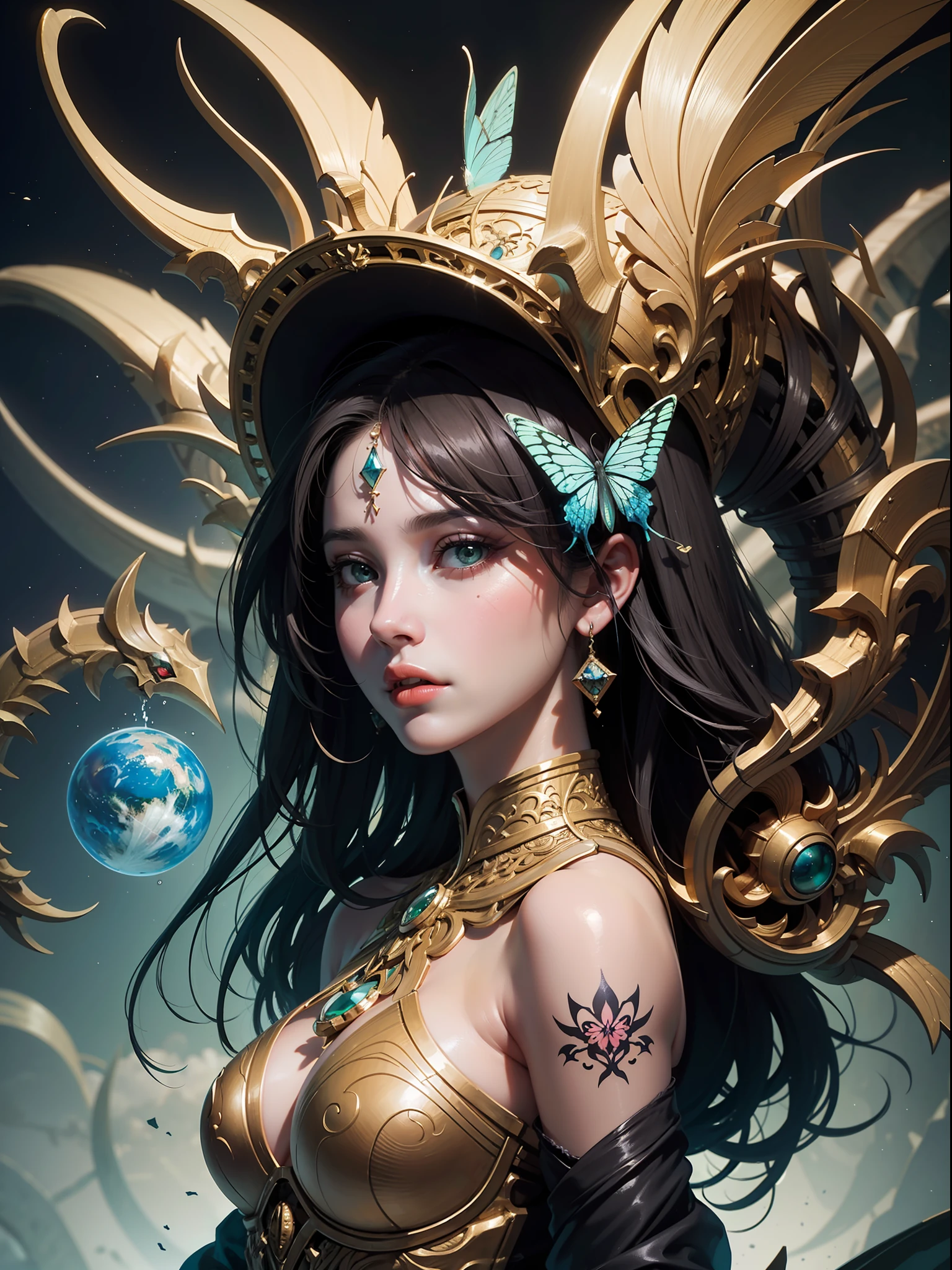 ((Best Quality, 8k, Masterpiece: 1.3)) Beautiful Woman: 1.3, Beautiful Face, Crawling Saturated Colors, Psychedelic Images, LSD, Mandala, Fractals, Clothing, Tattoos, Painted Body, Body Tilted Forward, Similar to Alex Gray's Art, Lots of Color Saturation, Swirls, Surreal, Planet Earth, Galaxies, Lots of Lighting, Shadows and Contrast, Role Play, Realistic Eyes, Green Iris, 3D Depth, Realistic Skin Texture, Detailed Sharp Scales, Colorful, fantasy art, artgerm ruan jia and greg rutkowski surrealist wet lacquer gold butterfly filigree art, broken glass