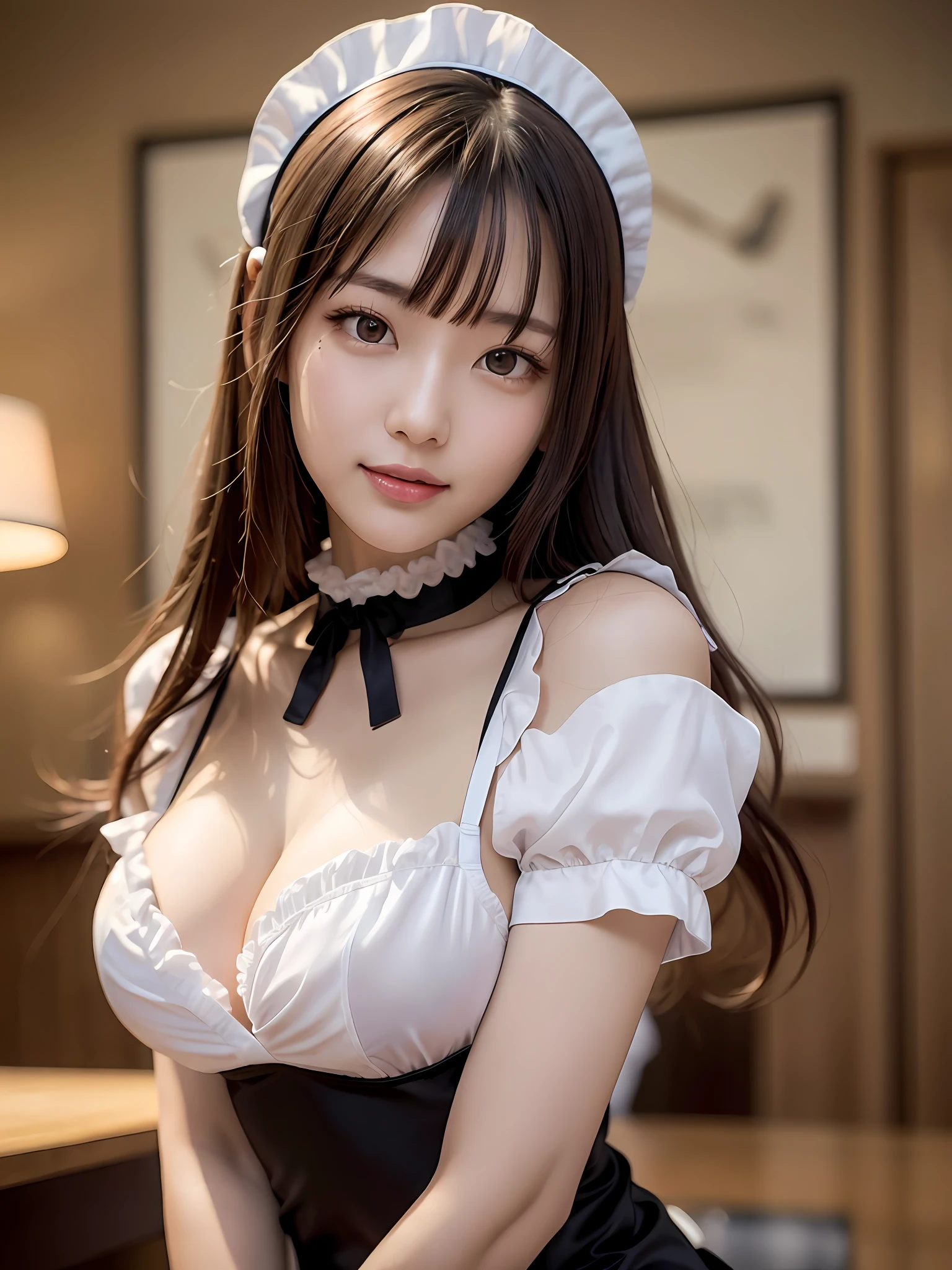 masterpiece, 1 girl per 1 photo, upper body shot, directly front view, a Japanese young pretty woman, wearing a short sleeve silky satin black cute maid costume in the cafe with a big smile, wearing a white frilled headband, a white frilled apron, a black choker, glamorous figure, hyper cute face, glossy lips, sweaty body, double eyelids in both eyes, Natural makeup, long eyelashes, shiny smooth light brown hair of long bob hair, asymmetrical bangs, tanned skin, central image, 8K resolution, high detail, detailed hairstyle, Detailed Face, spectacular cinematic lighting, octane rendering, vibrant, hyper realistic, perfect limbs, perfect anatomy