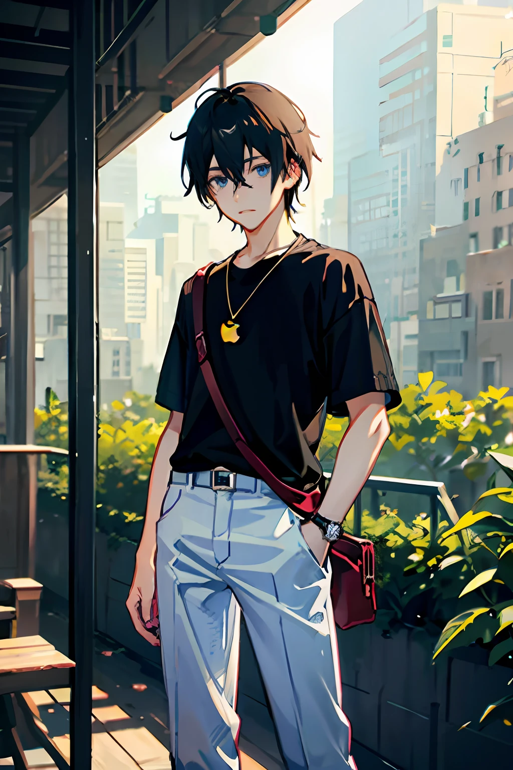 1boy, apple, bag, bangs, berry, black hair, black shirt, blue eyes, hair between eyes, jewelry, leaf, looking at viewer, male focus, necklace, pants, shirt, solo, watch, white pants, wristwatch, messy hair, trending on artstation, 8k resolution, highly detailed, anatomically correct, sharp image, digital painting, concept art, trending on pixiv, style of makoto shinkai,