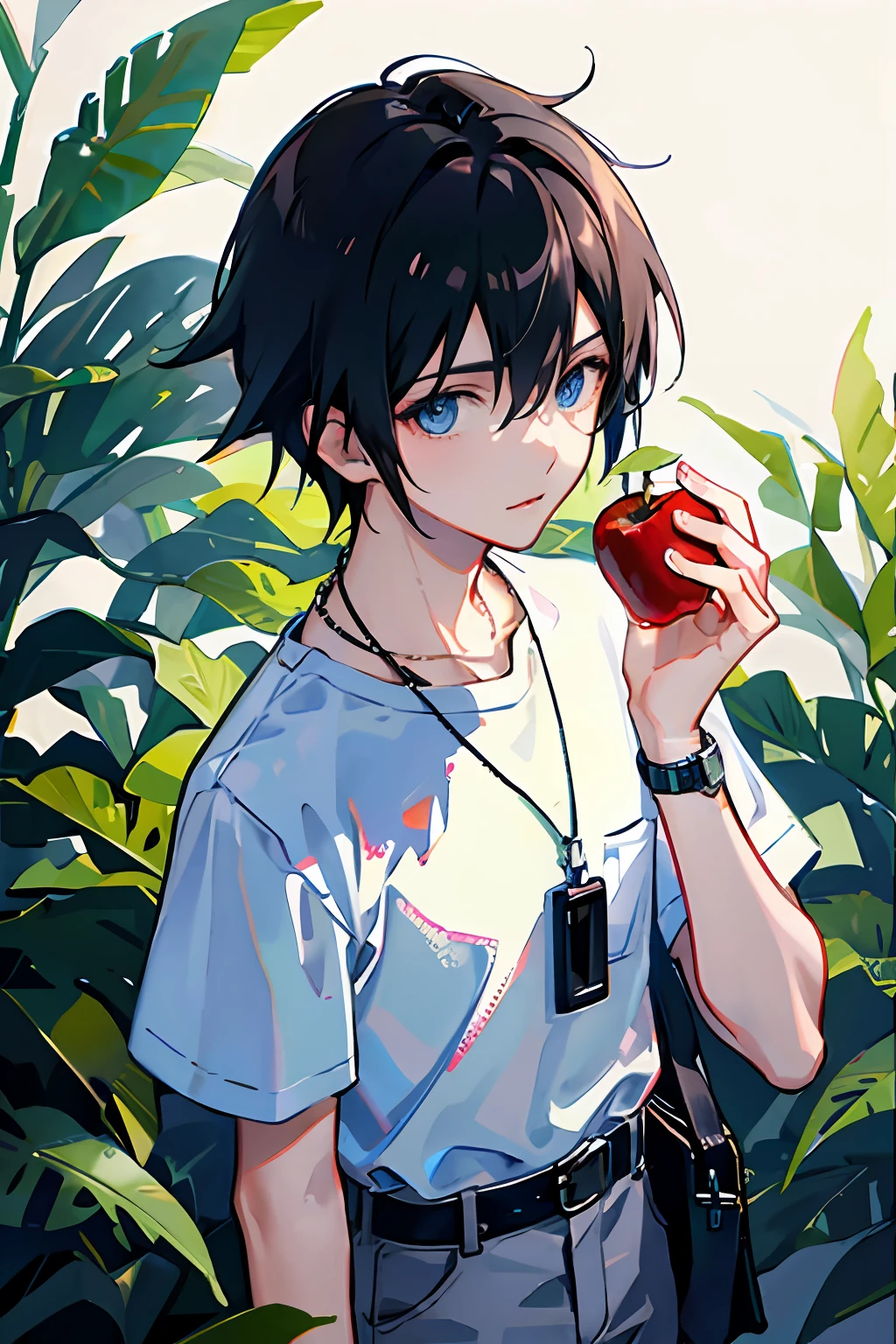 1boy, apple, bag, bangs, berry, black hair, black shirt, blue eyes, hair between eyes, jewelry, leaf, looking at viewer, male focus, necklace, pants, shirt, solo, watch, white pants, wristwatch, messy hair, trending on artstation, 8k resolution, highly detailed, anatomically correct, sharp image, digital painting, concept art, trending on pixiv, style of makoto shinkai,