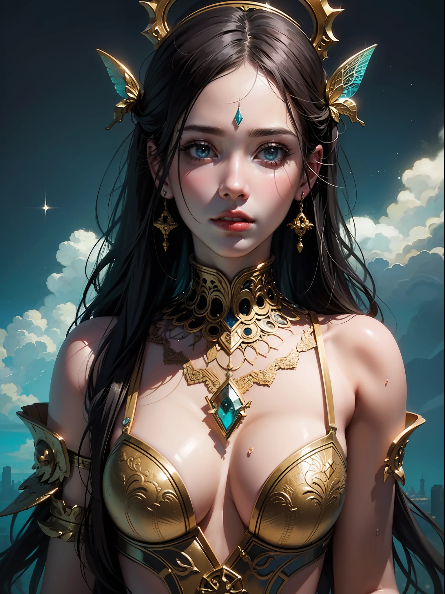 ((Best Quality, 8k, Masterpiece: 1.3)) Beautiful Woman: 1.3, Beautiful Face, Crawling Saturated Colors, Psychedelic Images, ???, Mandala, Fractals, Clothing, Tattoos, Painted Body, Body Tilted Forward, Similar to Alex Gray's Art, Lots of Color Saturation, Swirls, Surreal, Planet Earth, Galaxies, Lots of Lighting, Shadows and Contrast, Role Play, Realistic Eyes, Green Iris, 3D Depth, Realistic Skin Texture, Detailed Sharp Scales, Colorful, fantasy art, artgerm ruan jia and greg rutkowski surrealist wet lacquer gold butterfly filigree art, broken glass