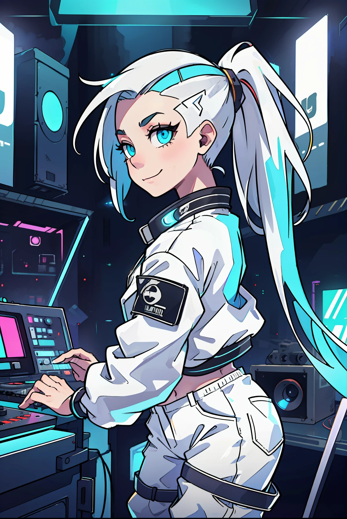 tomboy woman DJing on turntables on stage at EDM festival, EDM event lighting effects, on stage in front of crowd, giant futuristic screens in background, neon room, (white cropped jacket:1.1), (vivid glowing blue eyes:1.2), (white hair:1.1), (cyan streaks in hair:1.2), high ponytail, (cocky smirk:1.2), (abs:1.0), rave lights, (lasers in background:1.2), glowing light strips on clothes, slim build, wearing dog tags, looking at viewer, giant speakers in background, beautiful glossy reflective detailed eyes, high strap panties, (white cargo pants:1.2), thin straps over hip bones, (side shave:1.3), defined hip bones